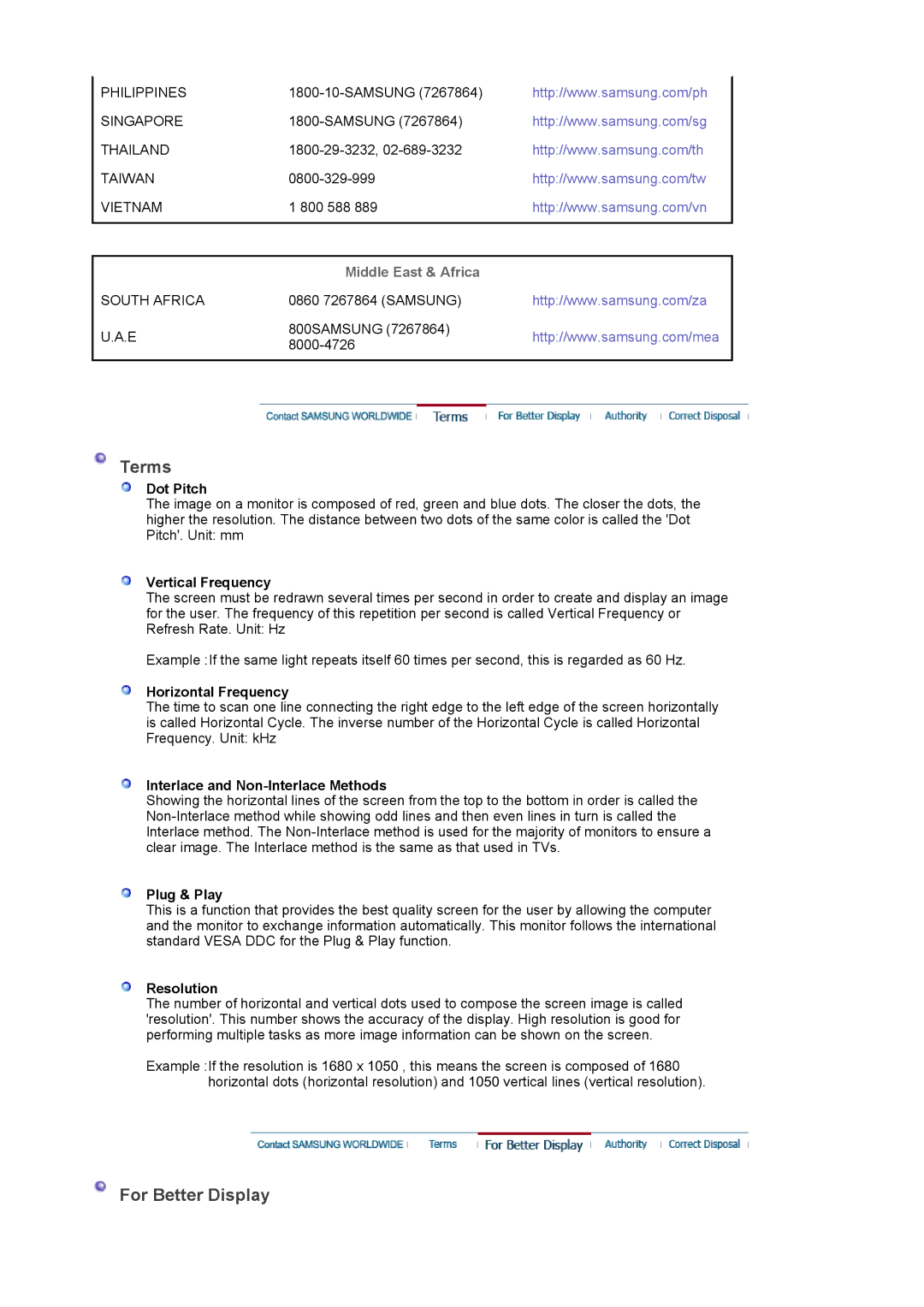 Samsung 2220WM manual Terms, For Better Display, Middle East & Africa 