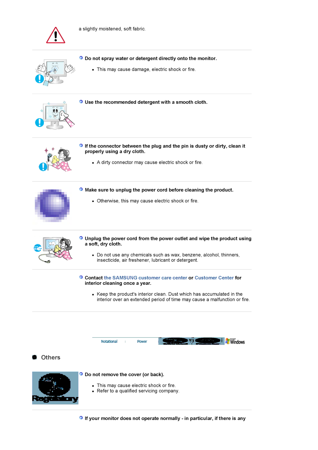 Samsung 2220WM manual Others, Do not spray water or detergent directly onto the monitor, Do not remove the cover or back 