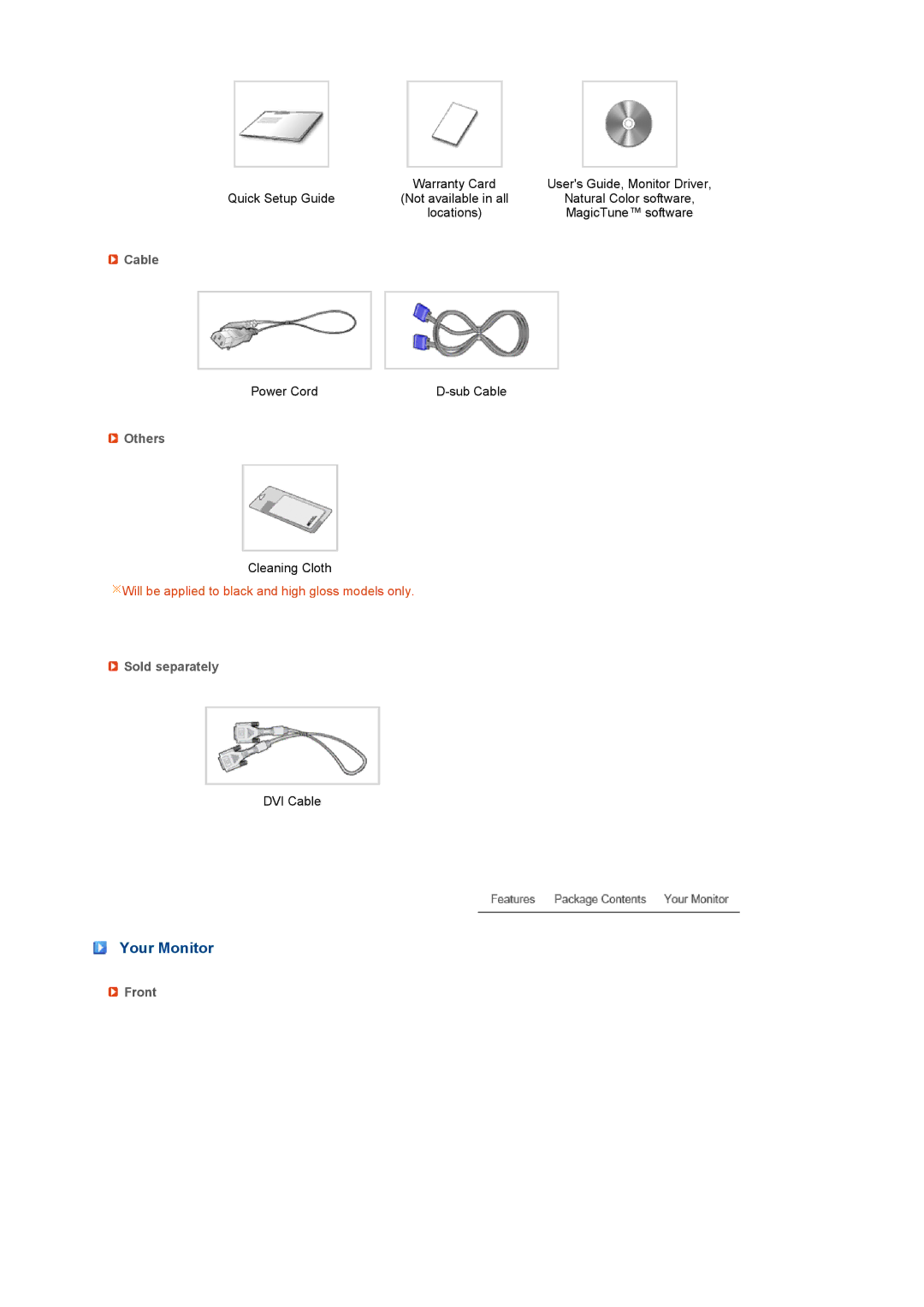 Samsung 2232GWPlus, 2032GWPlus, 2232BWPlus, 2032BWPlus manual Your Monitor, Cable, Others, Sold separately, Front 