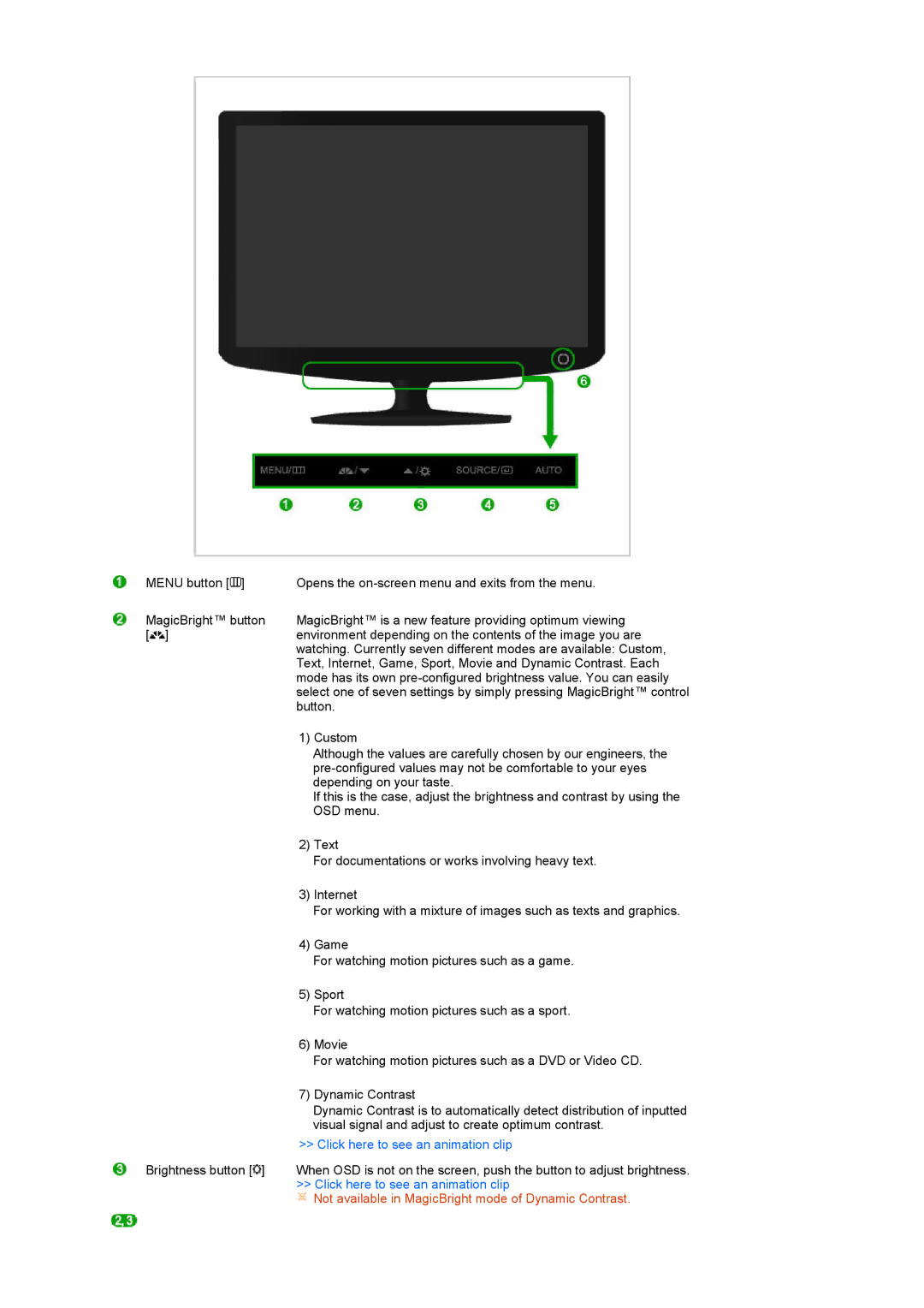 Samsung 2032GWPlus, 2232GWPlus, 2032BWPlus, 2232BWPlus manual Not available in MagicBright mode of Dynamic Contrast 