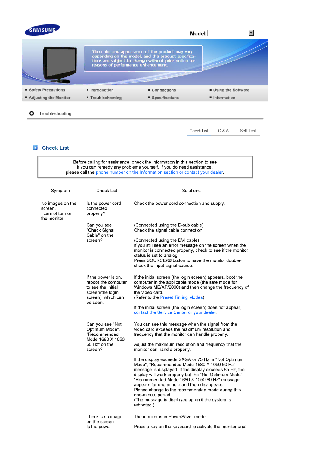 Samsung 2232GWPlus, 2032GWPlus, 2232BWPlus, 2032BWPlus manual Check List, Refer to the Preset Timing Modes 