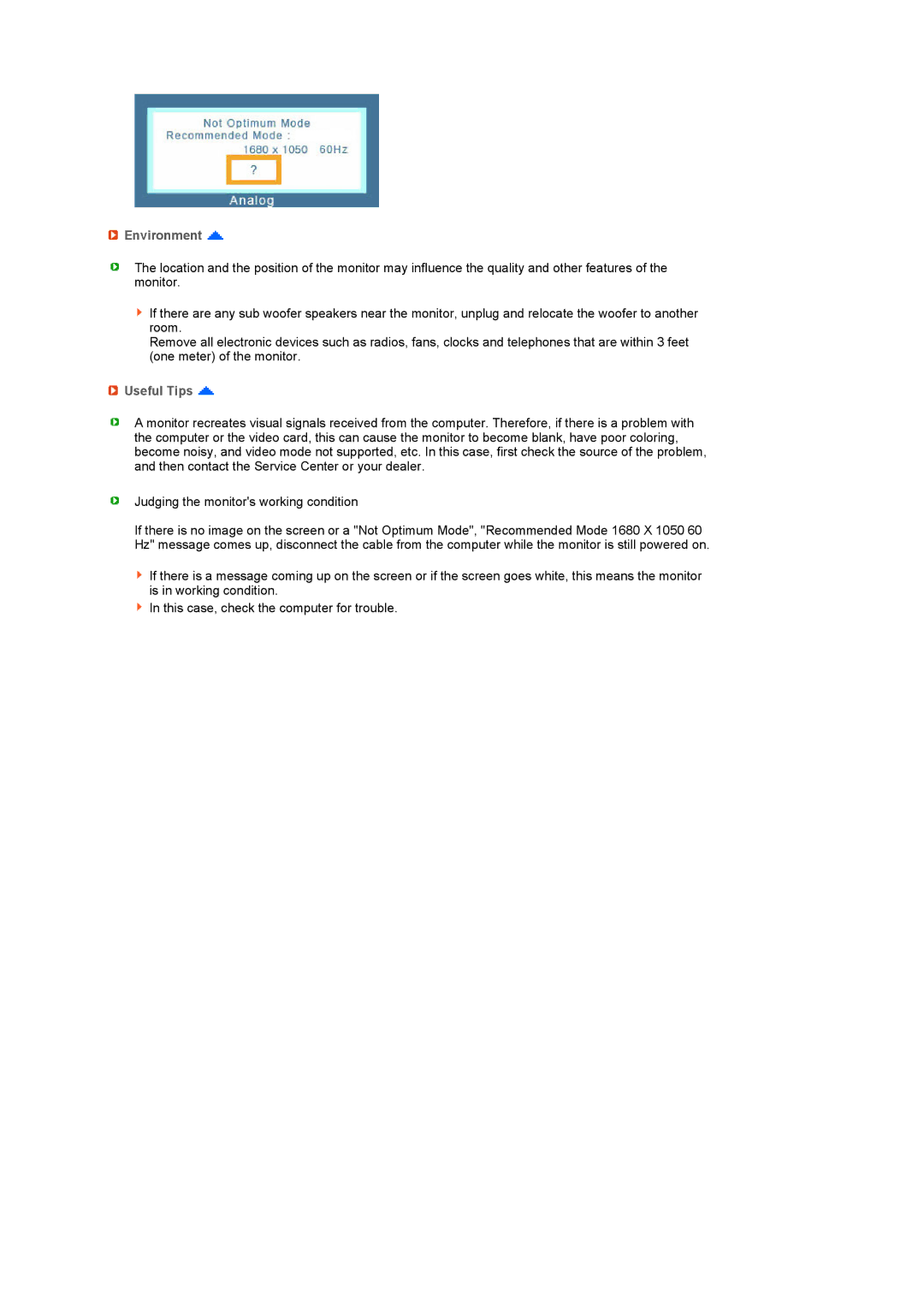 Samsung 2232GWPlus, 2032GWPlus, 2232BWPlus, 2032BWPlus manual Environment, Useful Tips 