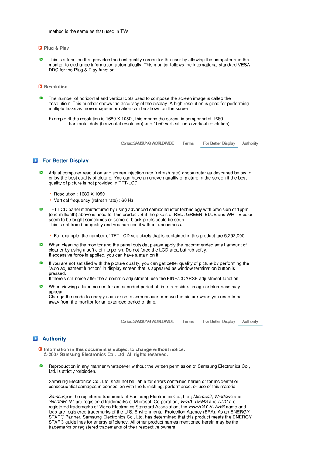 Samsung 2032GWPlus, 2232GWPlus, 2032BWPlus, 2232BWPlus manual For Better Display, Authority, Plug & Play, Resolution 