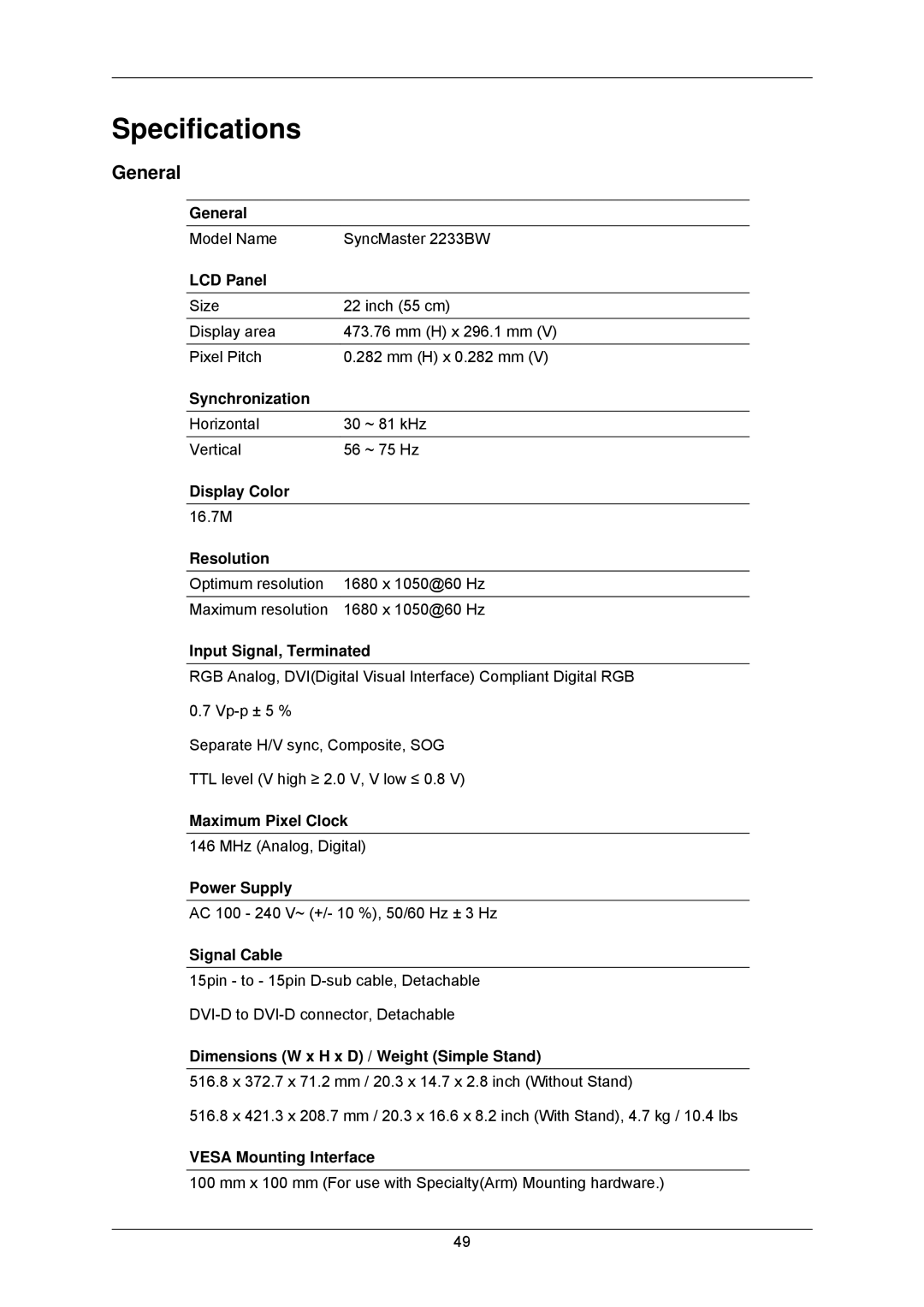 Samsung 2233GW, 2233BW user manual Specifications, General 