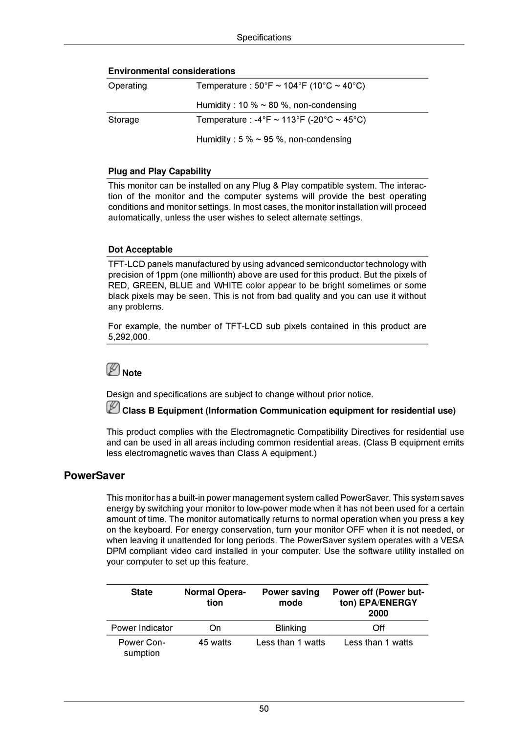 Samsung 2233BW, 2233GW user manual PowerSaver, Environmental considerations, Plug and Play Capability, Dot Acceptable 