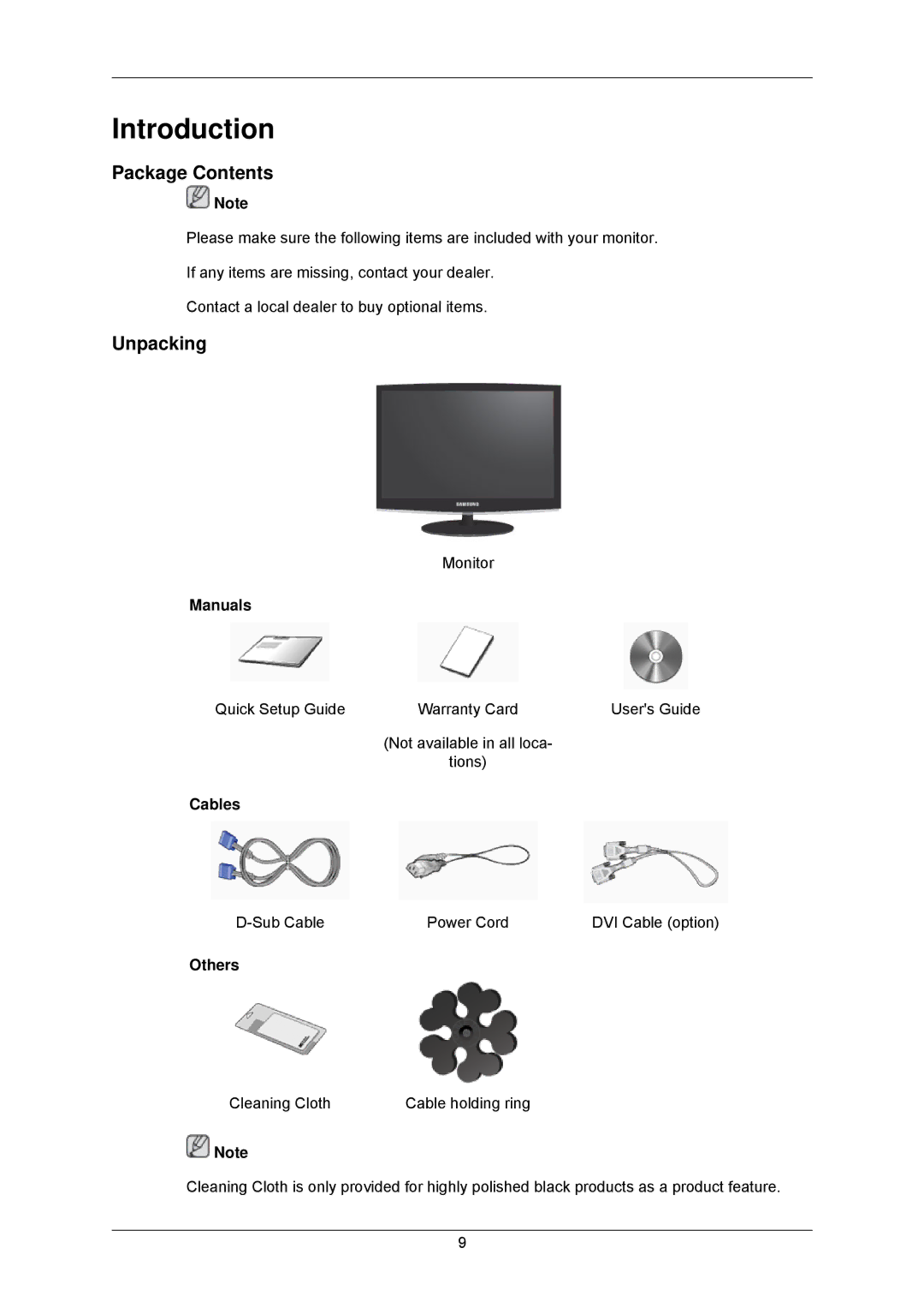 Samsung 2233GW, 8110 user manual Introduction, Package Contents, Unpacking 