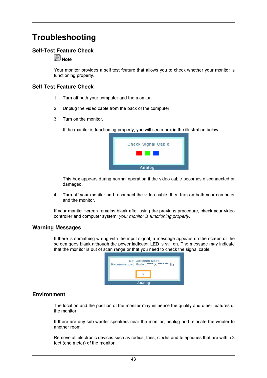 Samsung 2233GW, 8110 user manual Troubleshooting, Self-Test Feature Check, Environment 