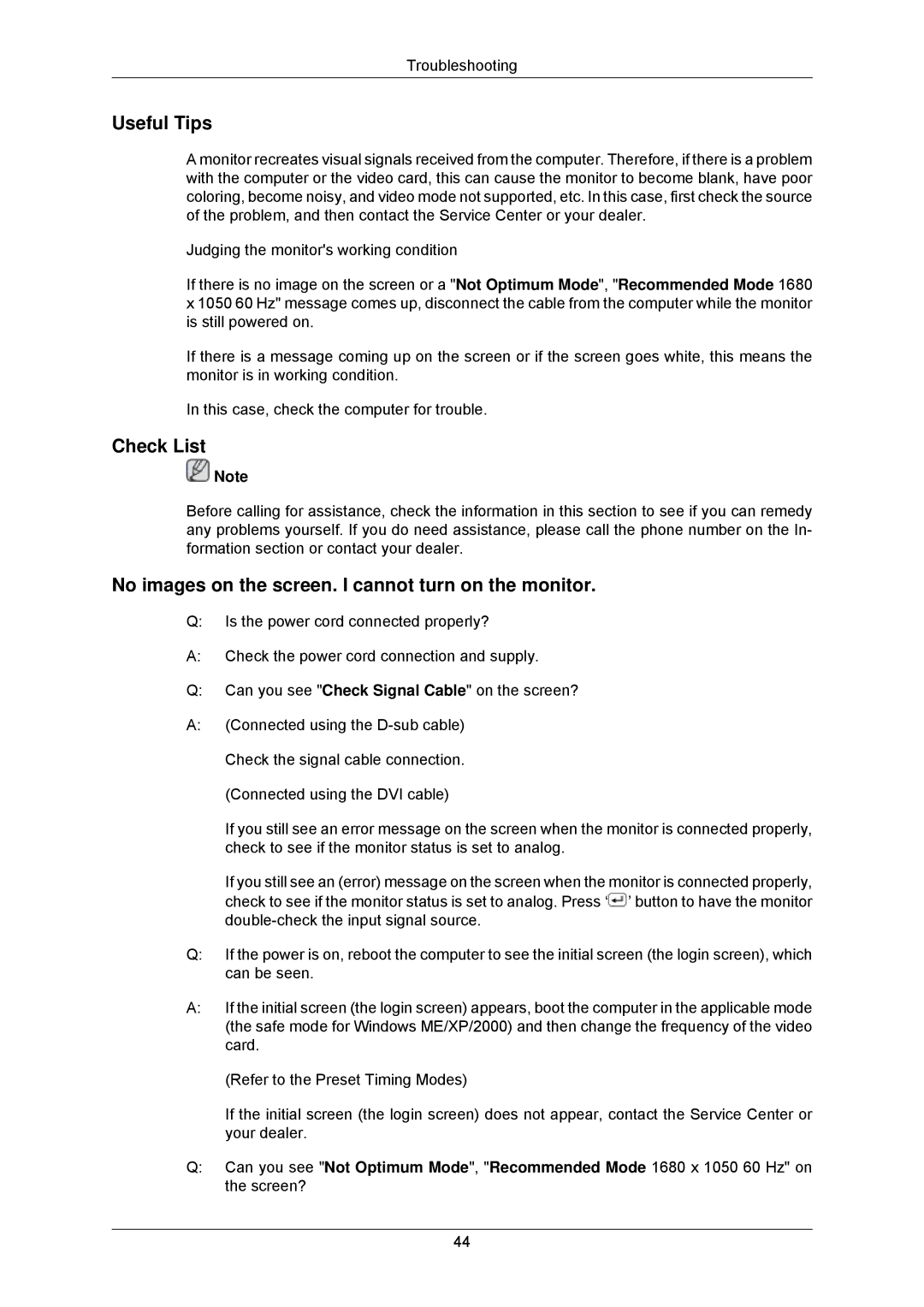 Samsung 8110, 2233GW user manual Useful Tips, Check List, No images on the screen. I cannot turn on the monitor 