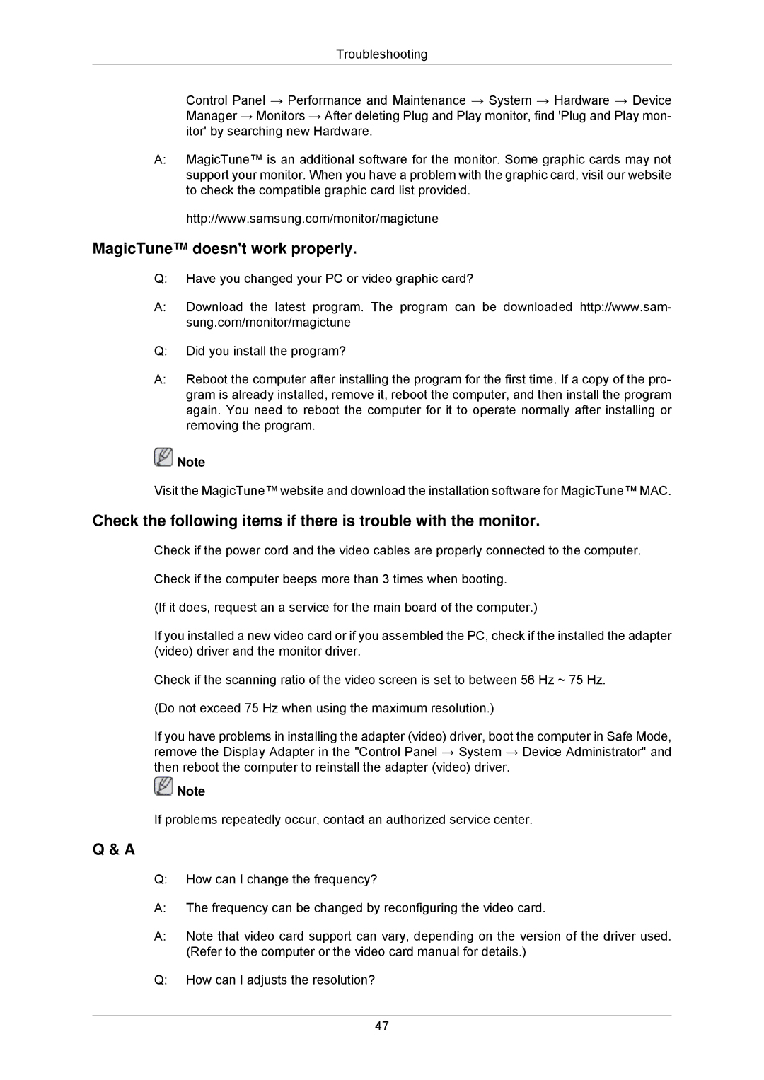 Samsung 2233GW, 8110 user manual MagicTune doesnt work properly 