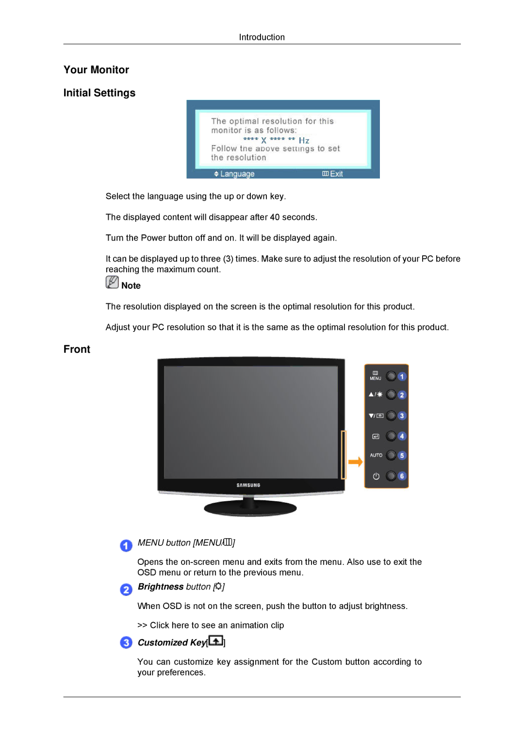 Samsung 2033SN, 2233SN user manual Your Monitor Initial Settings, Front 