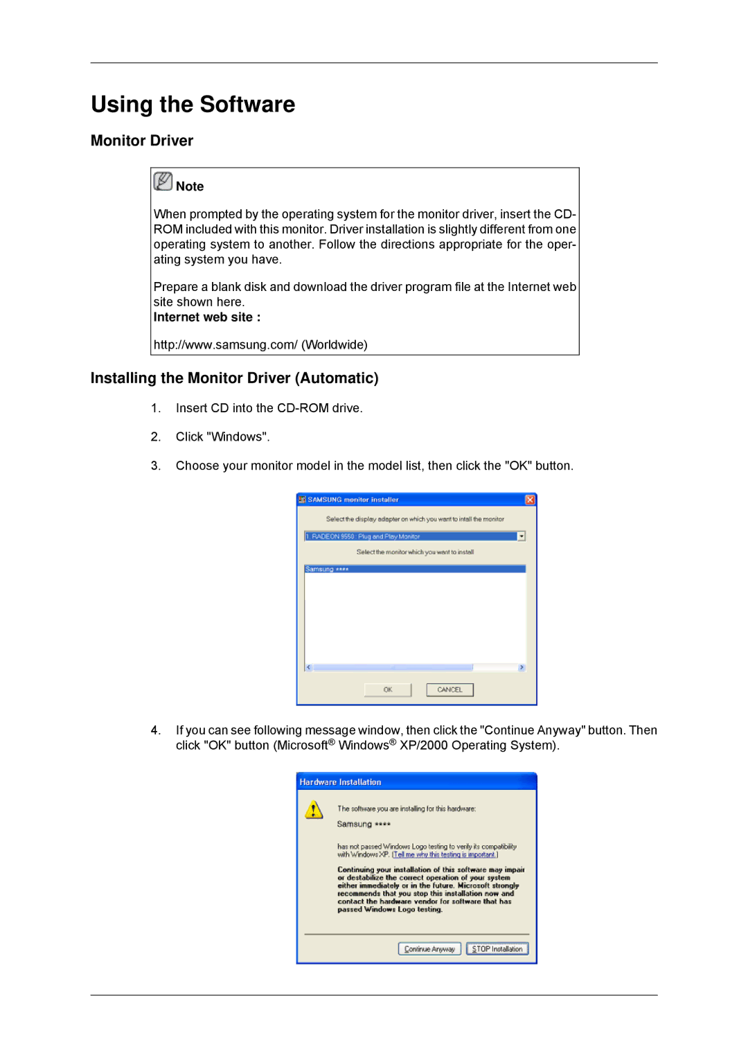 Samsung 2033SN, 2233SN user manual Using the Software, Installing the Monitor Driver Automatic, Internet web site 