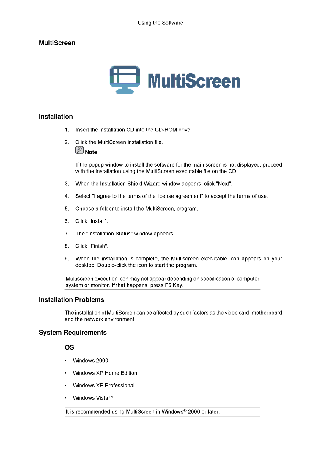 Samsung 2233SN, 2033SN user manual MultiScreen Installation 