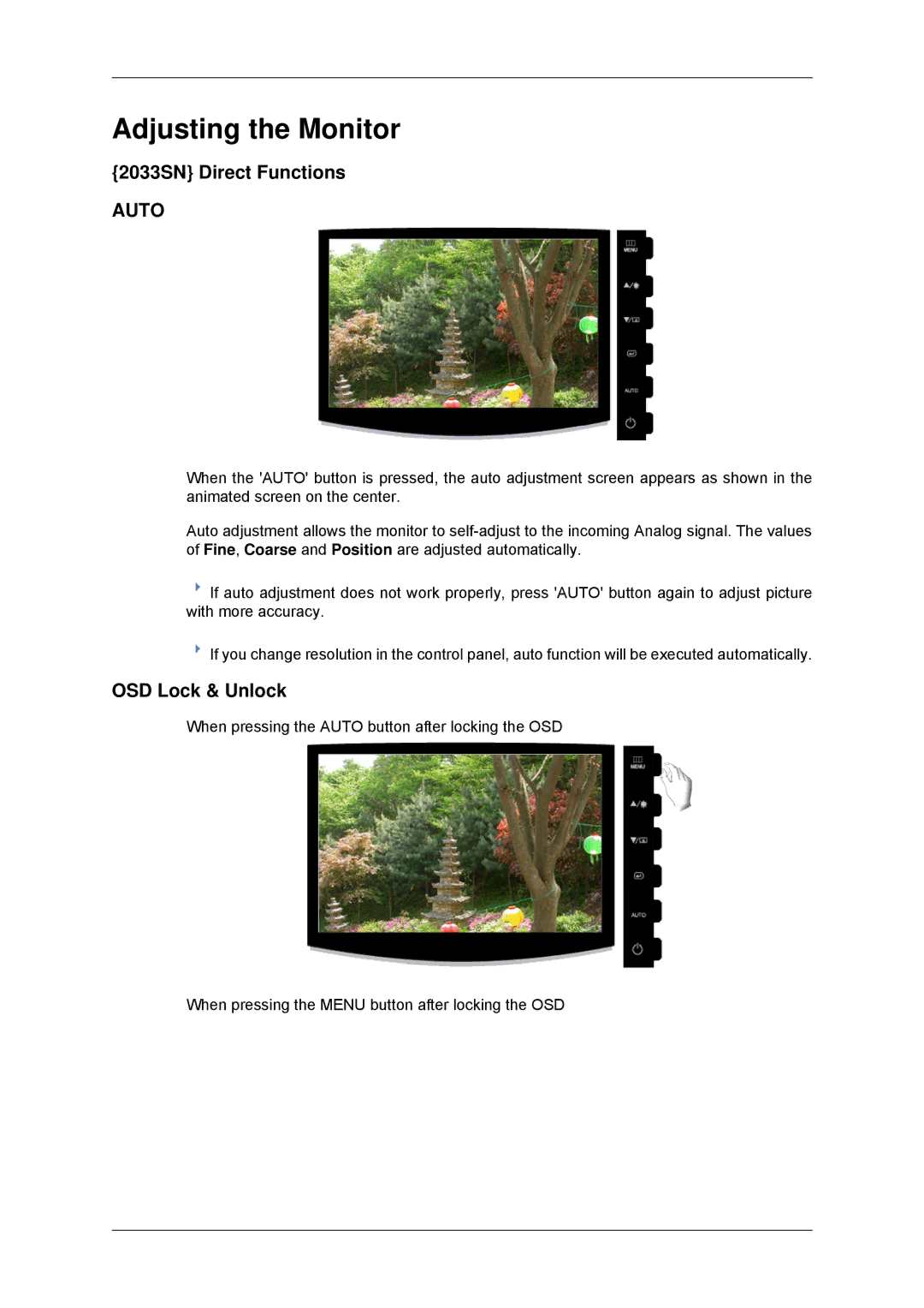 Samsung 2233SN user manual Adjusting the Monitor, 2033SN Direct Functions, OSD Lock & Unlock 