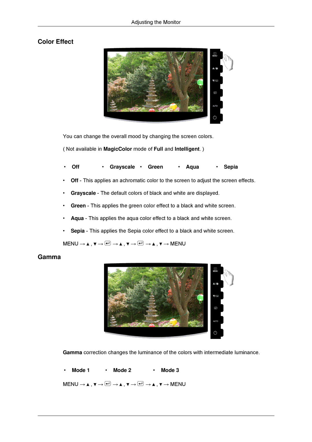 Samsung 2233SN, 2033SN user manual Color Effect, Gamma, Off Grayscale Green Aqua Sepia, Mode 