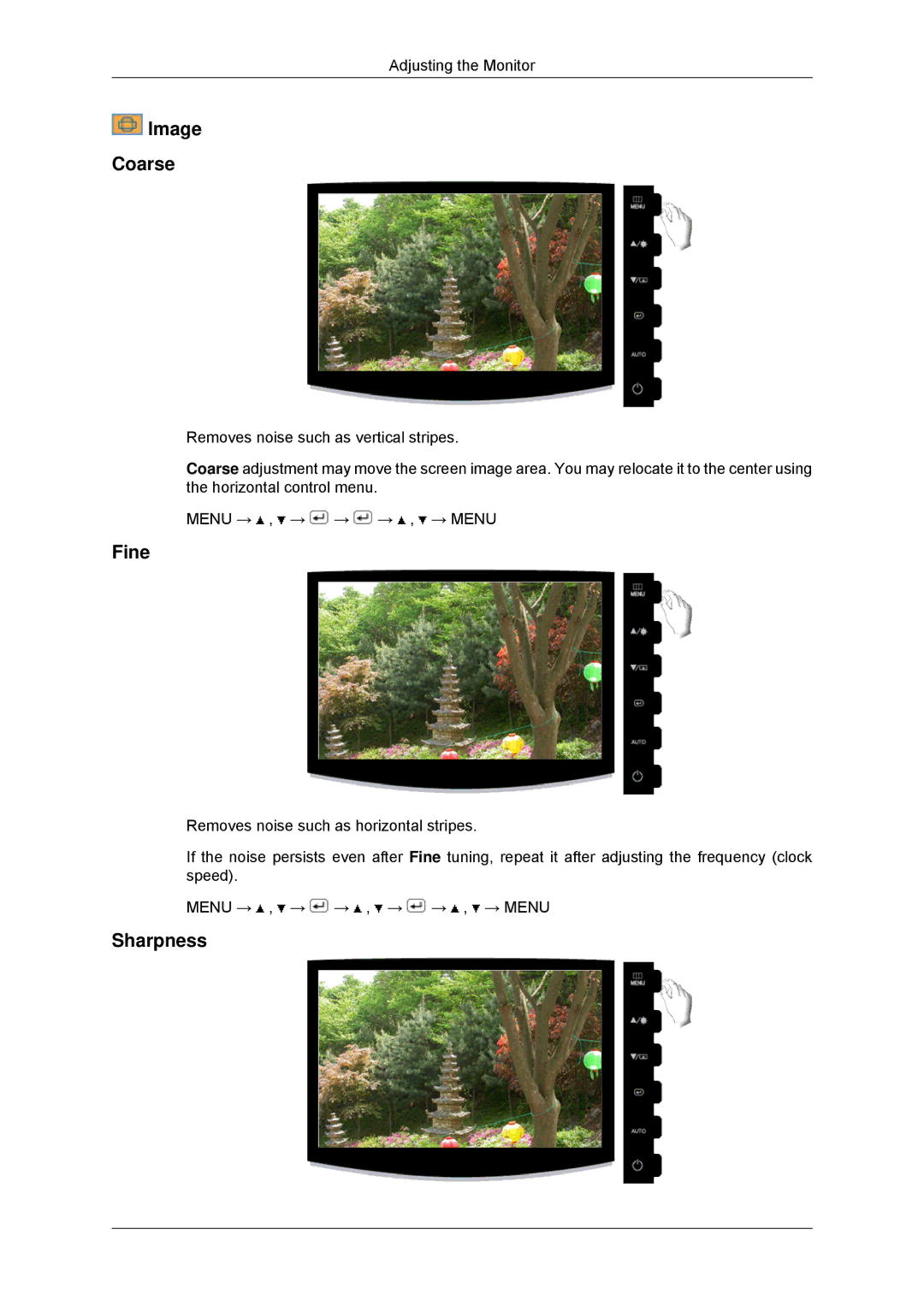 Samsung 2033SN, 2233SN user manual Image Coarse, Fine, Sharpness 