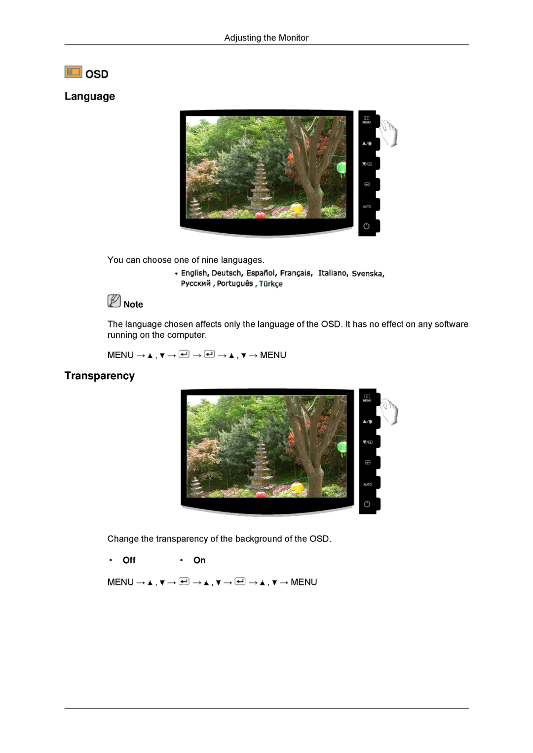 Samsung 2033SN, 2233SN user manual Language, Transparency, Off 