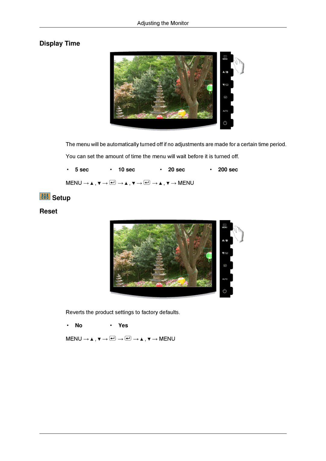 Samsung 2233SN, 2033SN user manual Display Time, Setup Reset, Sec 10 sec 20 sec 200 sec, No Yes 