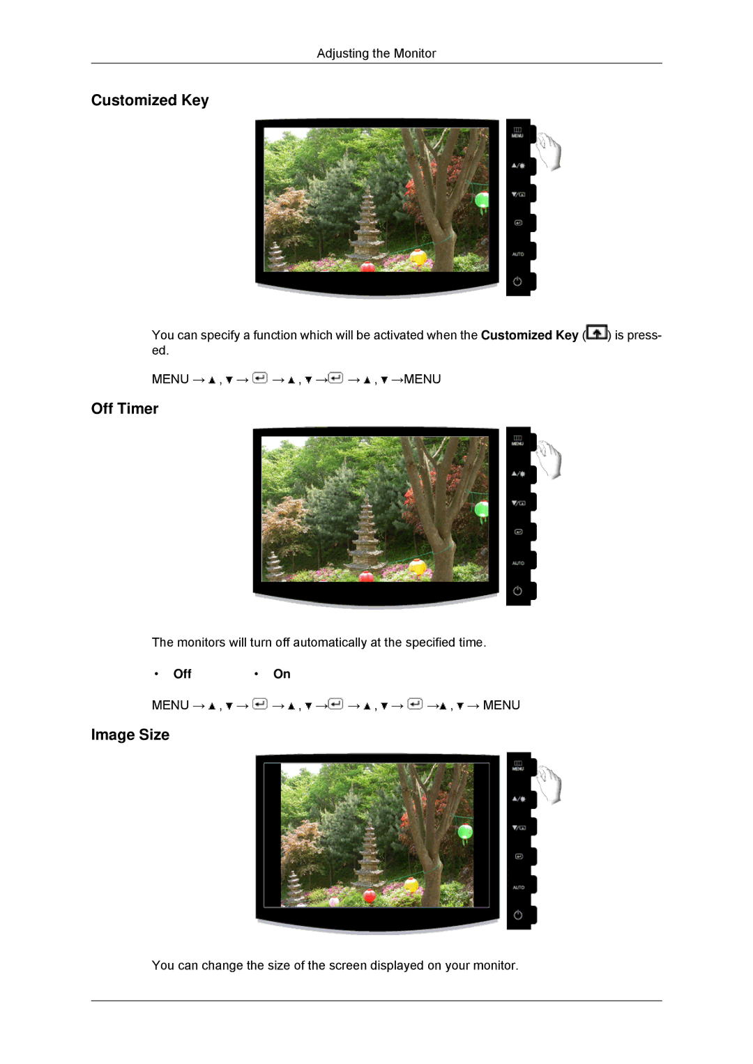 Samsung 2033SN, 2233SN user manual Off Timer, Image Size, Off On 