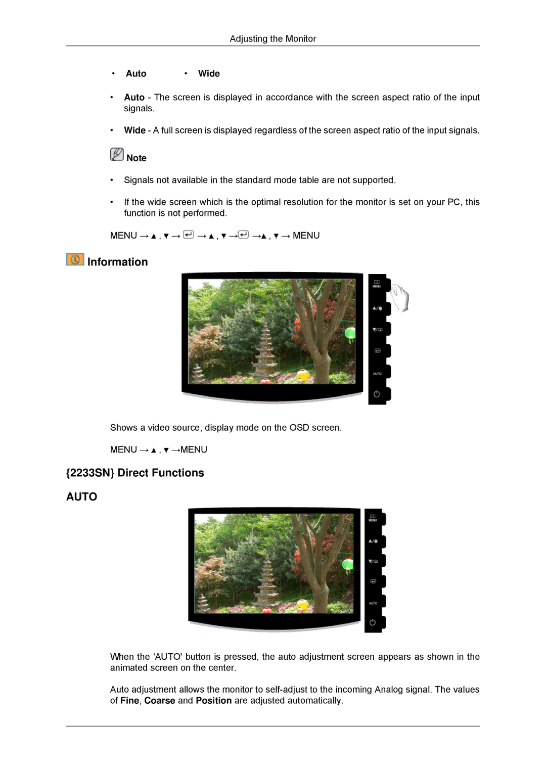 Samsung 2033SN user manual Information, 2233SN Direct Functions, Auto Wide 