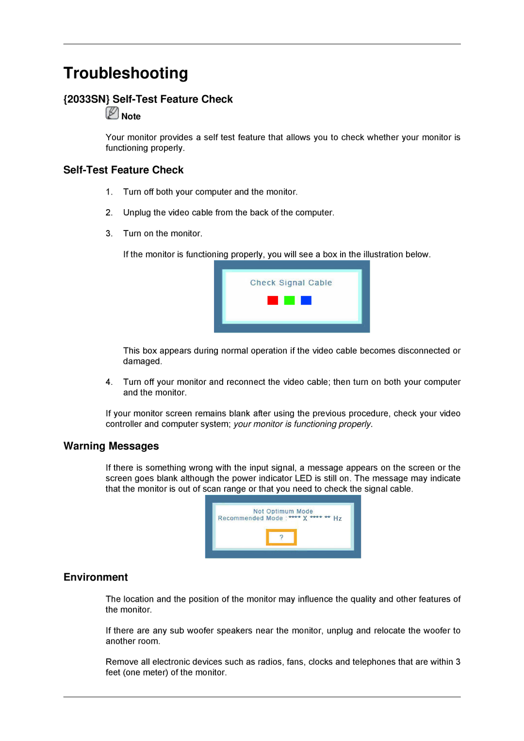 Samsung 2233SN user manual Troubleshooting, 2033SN Self-Test Feature Check, Environment 