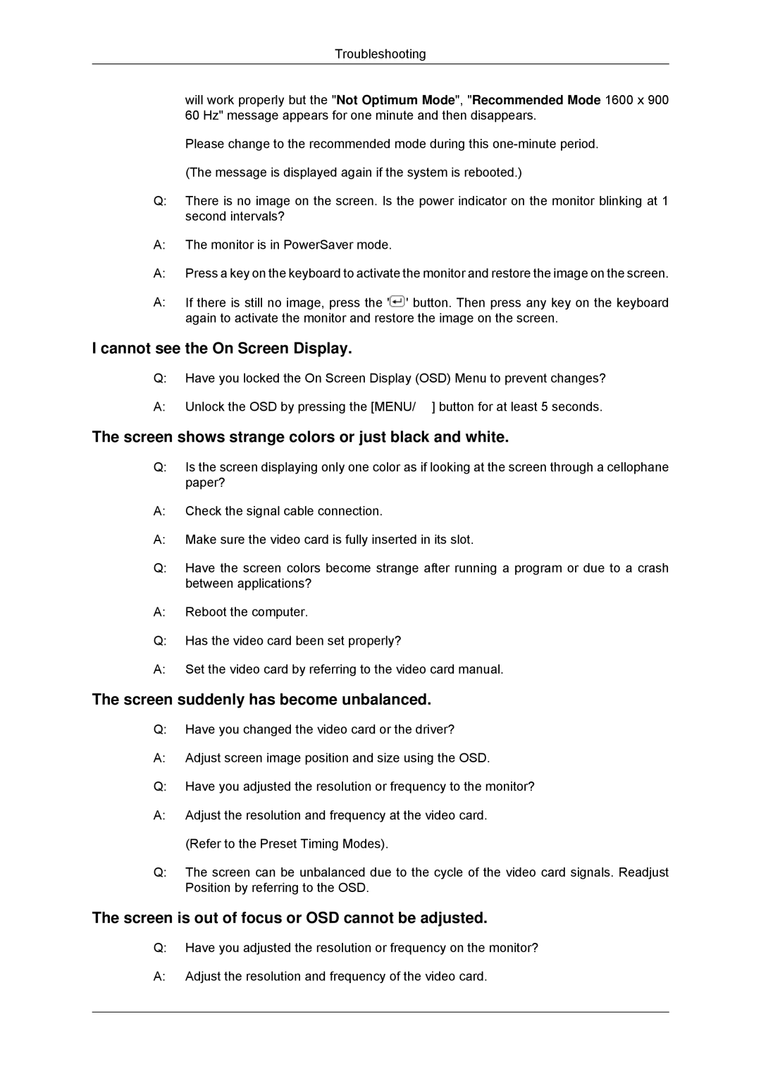 Samsung 2033SN, 2233SN user manual Cannot see the On Screen Display, Screen shows strange colors or just black and white 