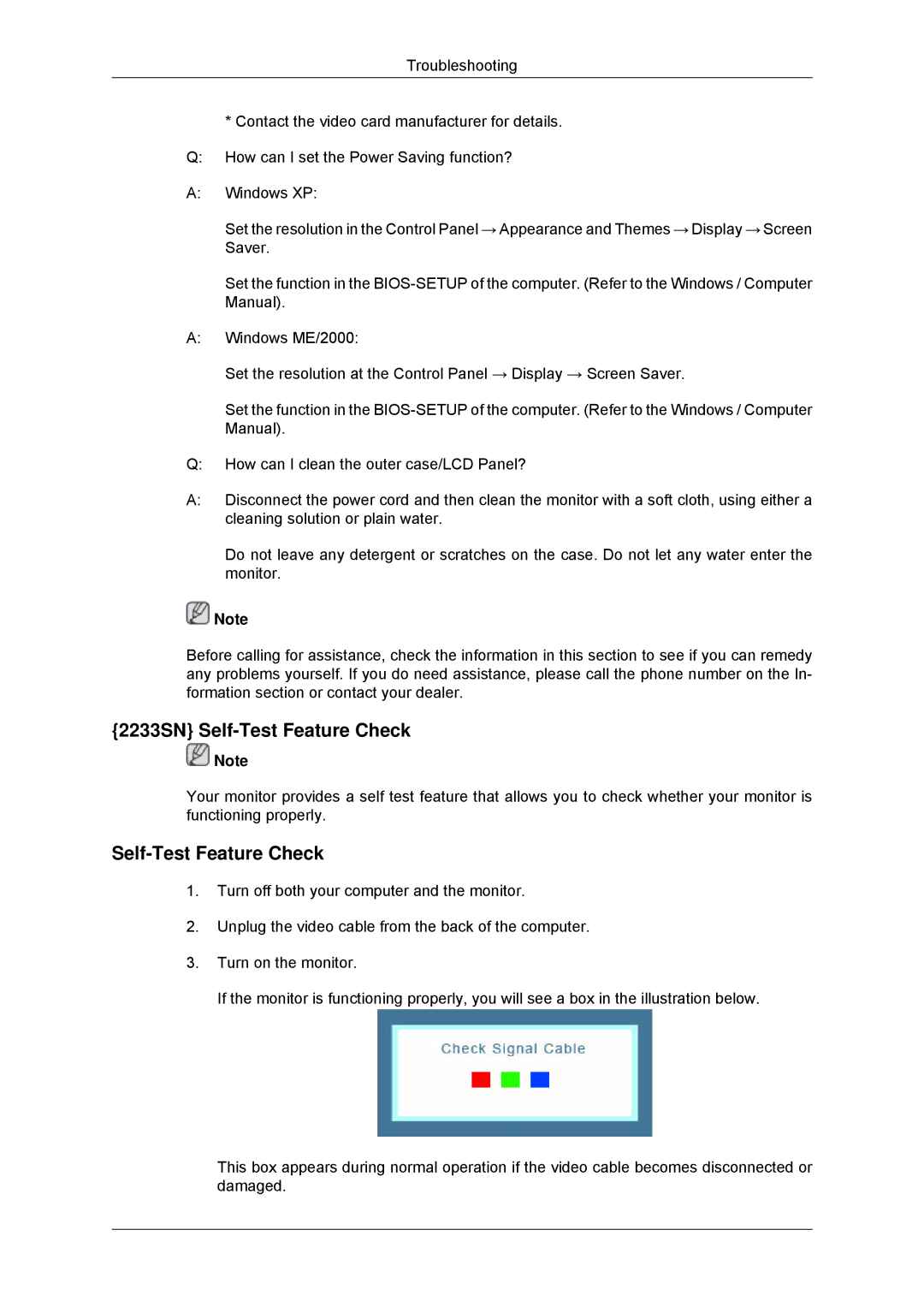 Samsung 2033SN user manual 2233SN Self-Test Feature Check 