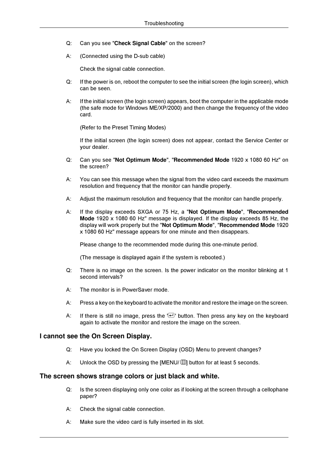 Samsung 2233SN, 2033SN user manual Cannot see the On Screen Display 