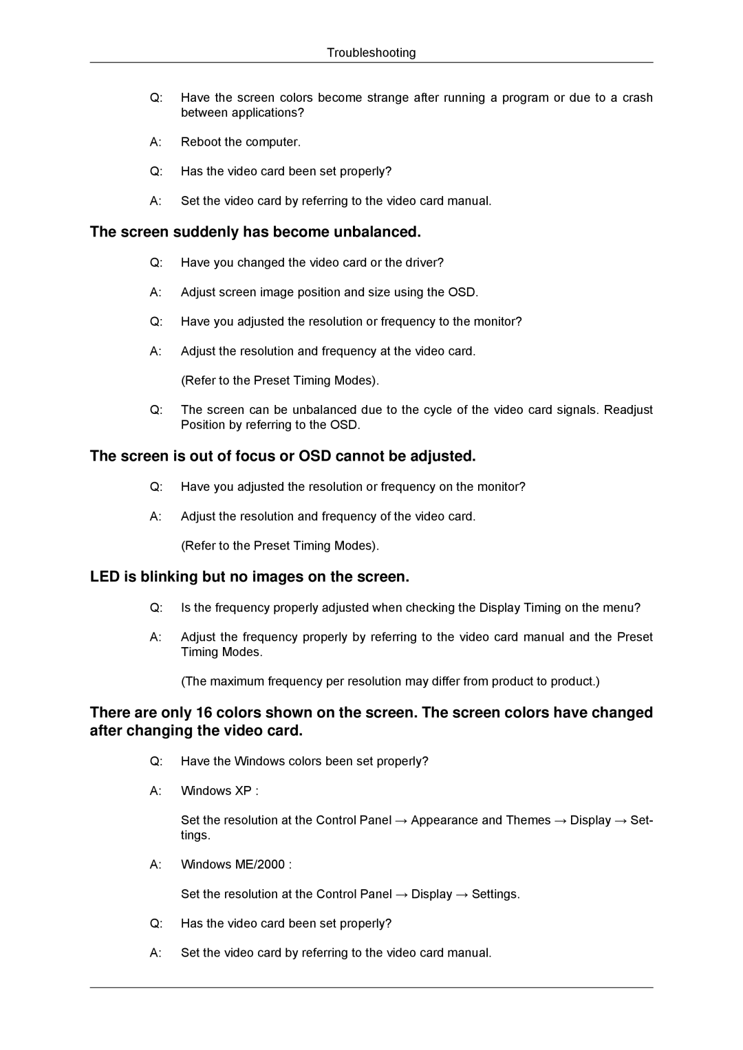 Samsung 2033SN, 2233SN user manual Screen suddenly has become unbalanced 