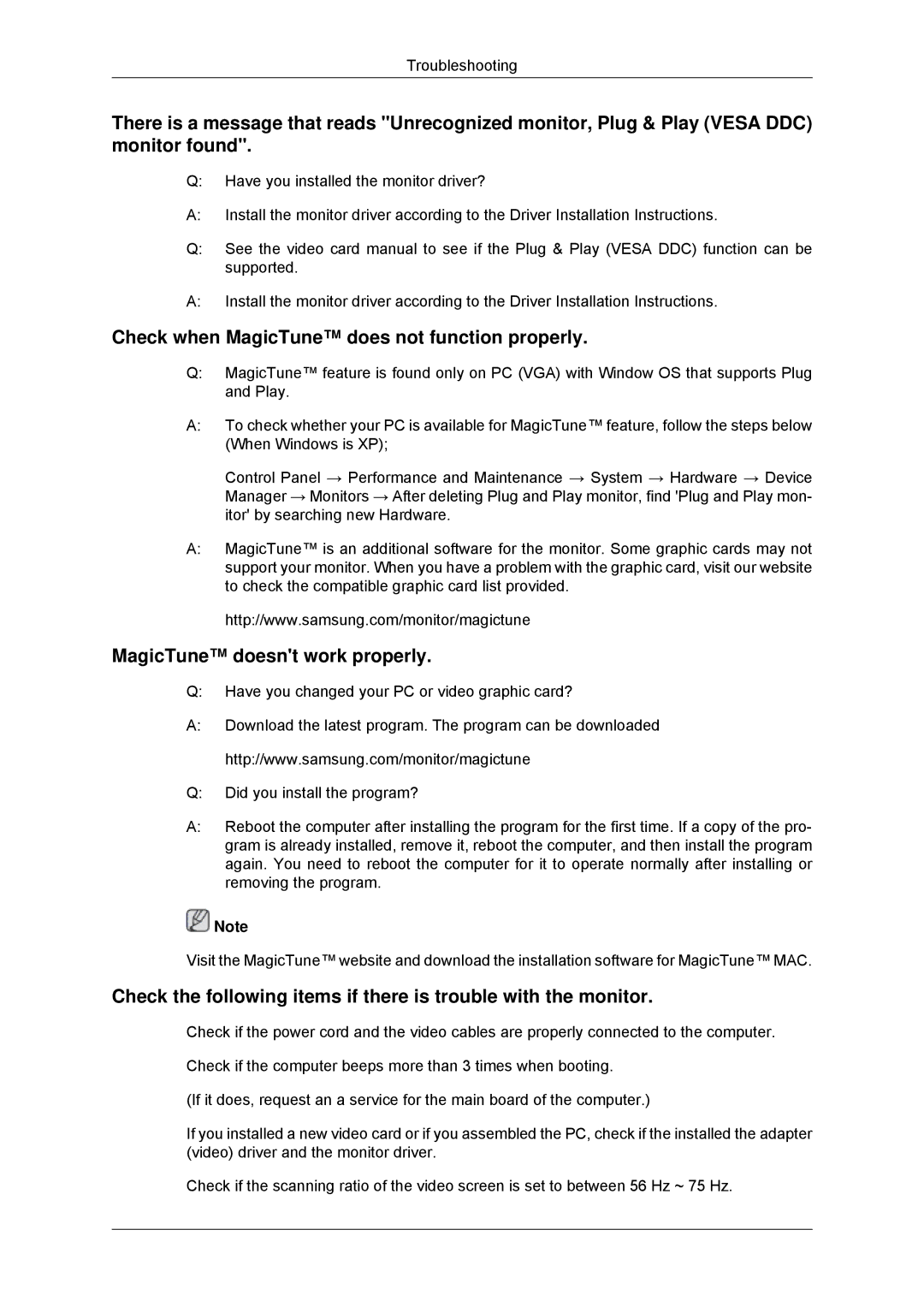 Samsung 2233SN, 2033SN user manual Check when MagicTune does not function properly 