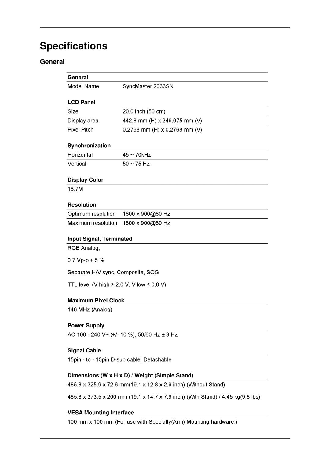 Samsung 2033SN, 2233SN user manual Specifications, General 