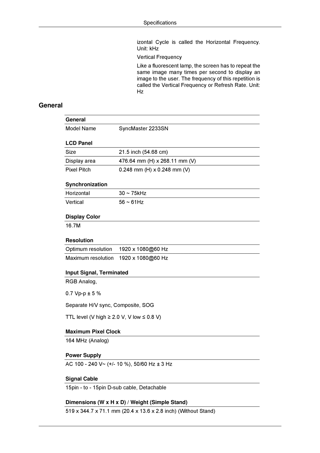 Samsung 2033SN user manual Model Name SyncMaster 2233SN 