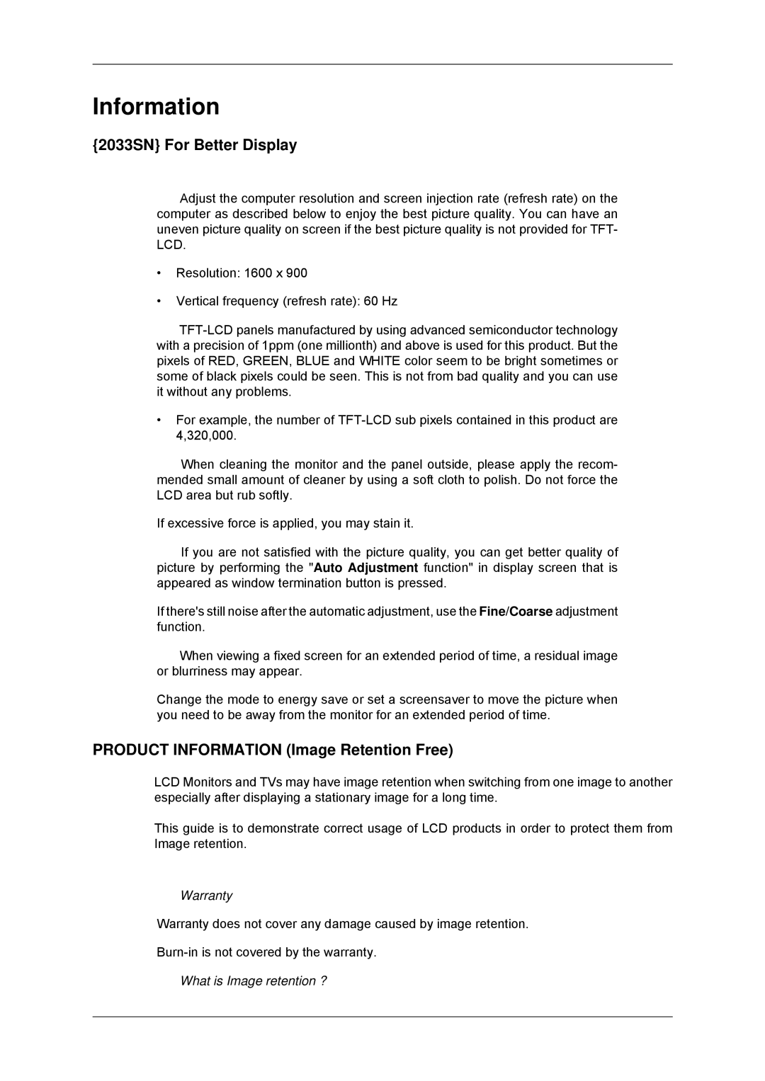 Samsung 2233SN user manual 2033SN For Better Display, Product Information Image Retention Free 