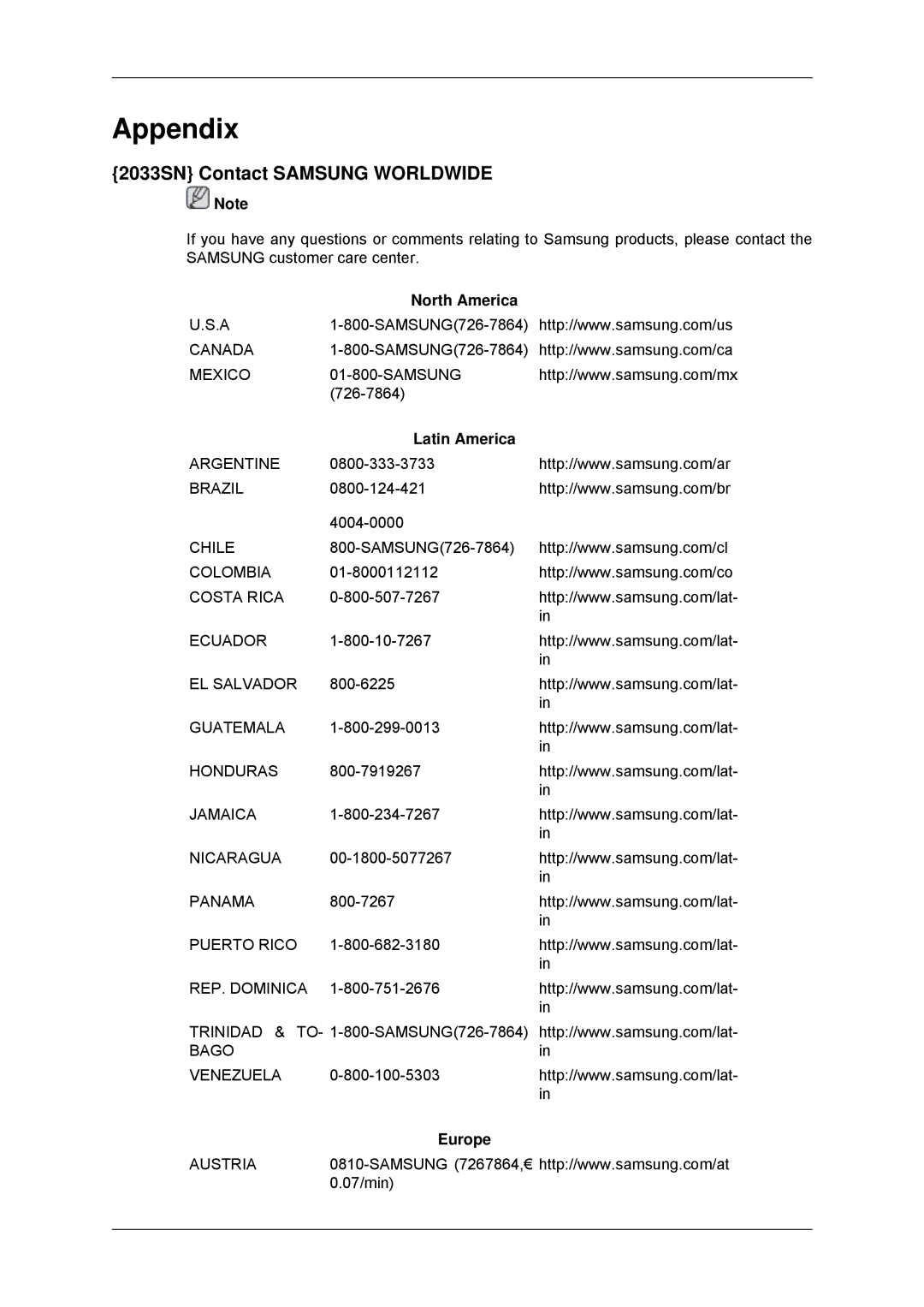 Samsung 2233SN user manual Appendix, 2033SN Contact Samsung Worldwide, North America, Latin America, Europe 