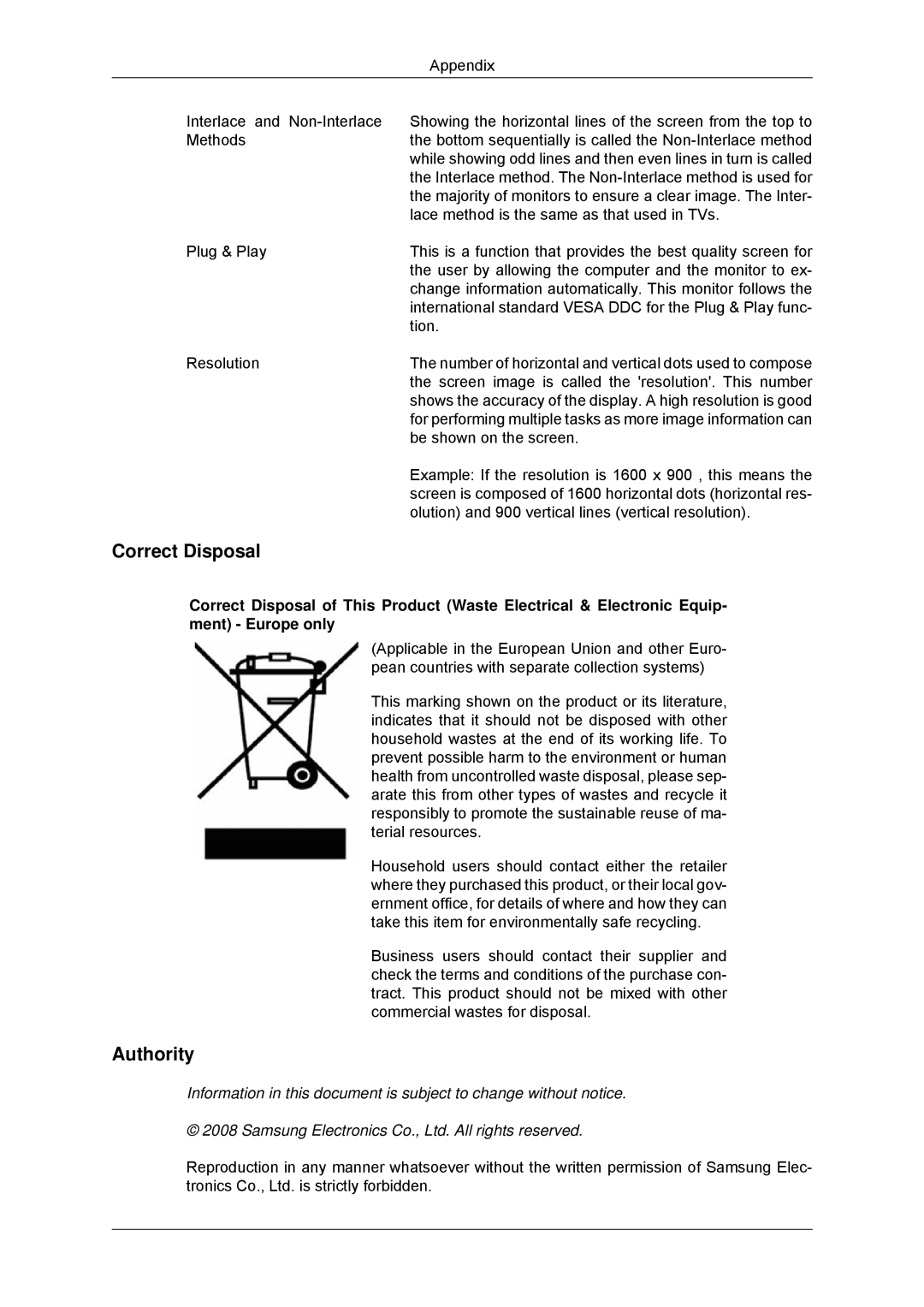 Samsung 2233SN, 2033SN user manual Correct Disposal, Authority 