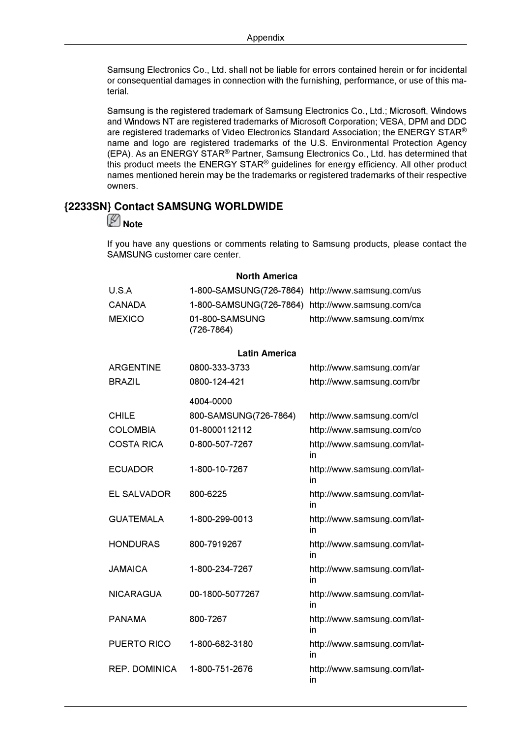 Samsung 2033SN user manual 2233SN Contact Samsung Worldwide, North America 