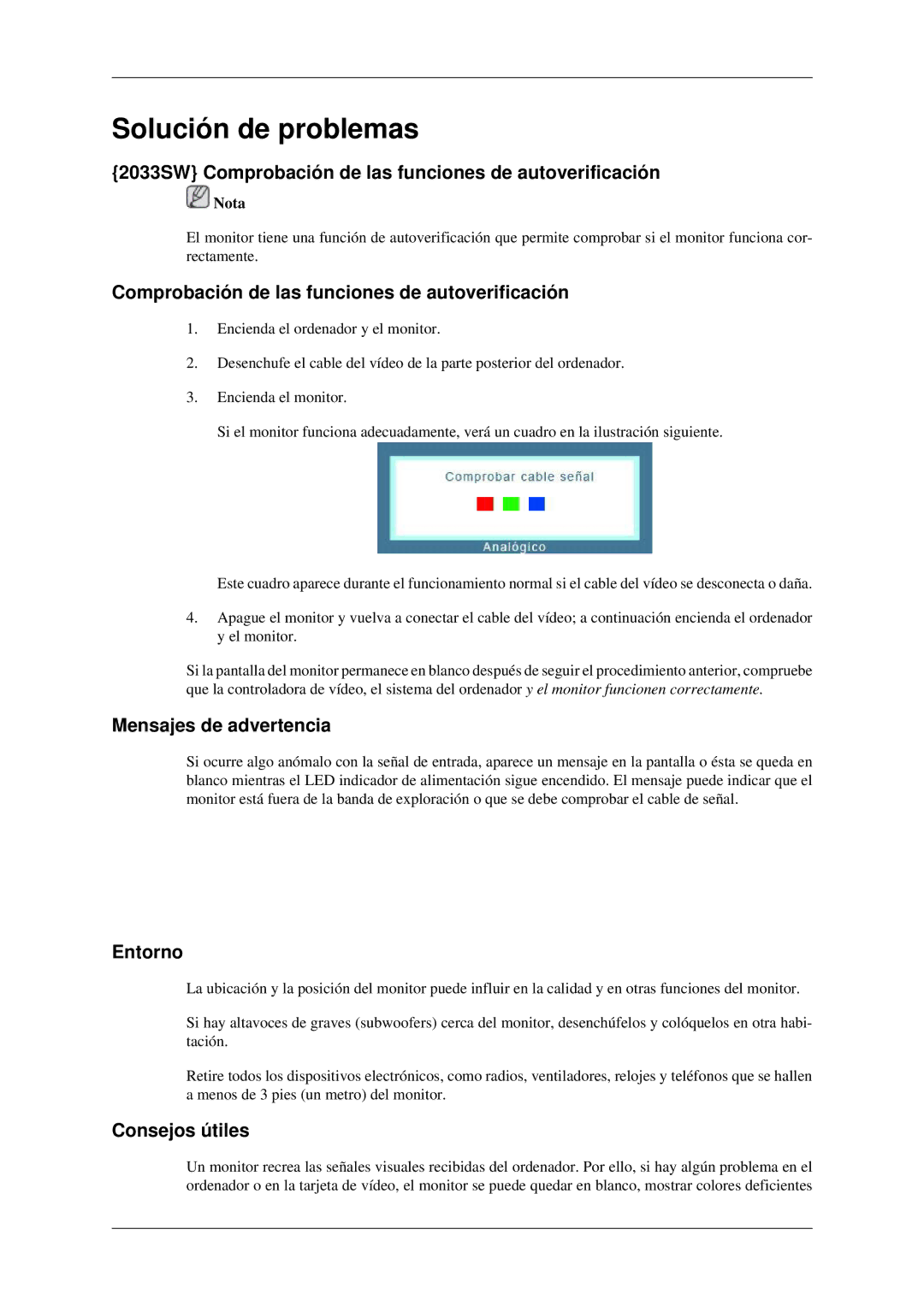 Samsung 2233SW 2033SW Comprobación de las funciones de autoverificación, Mensajes de advertencia, Entorno, Consejos útiles 