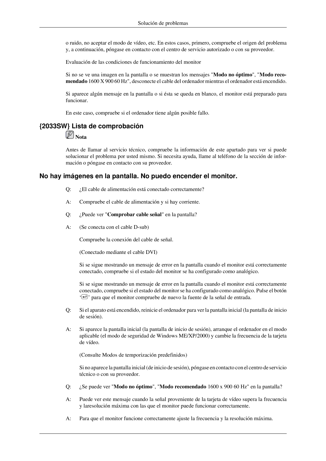 Samsung 2233SW quick start 2033SW Lista de comprobación, No hay imágenes en la pantalla. No puedo encender el monitor 