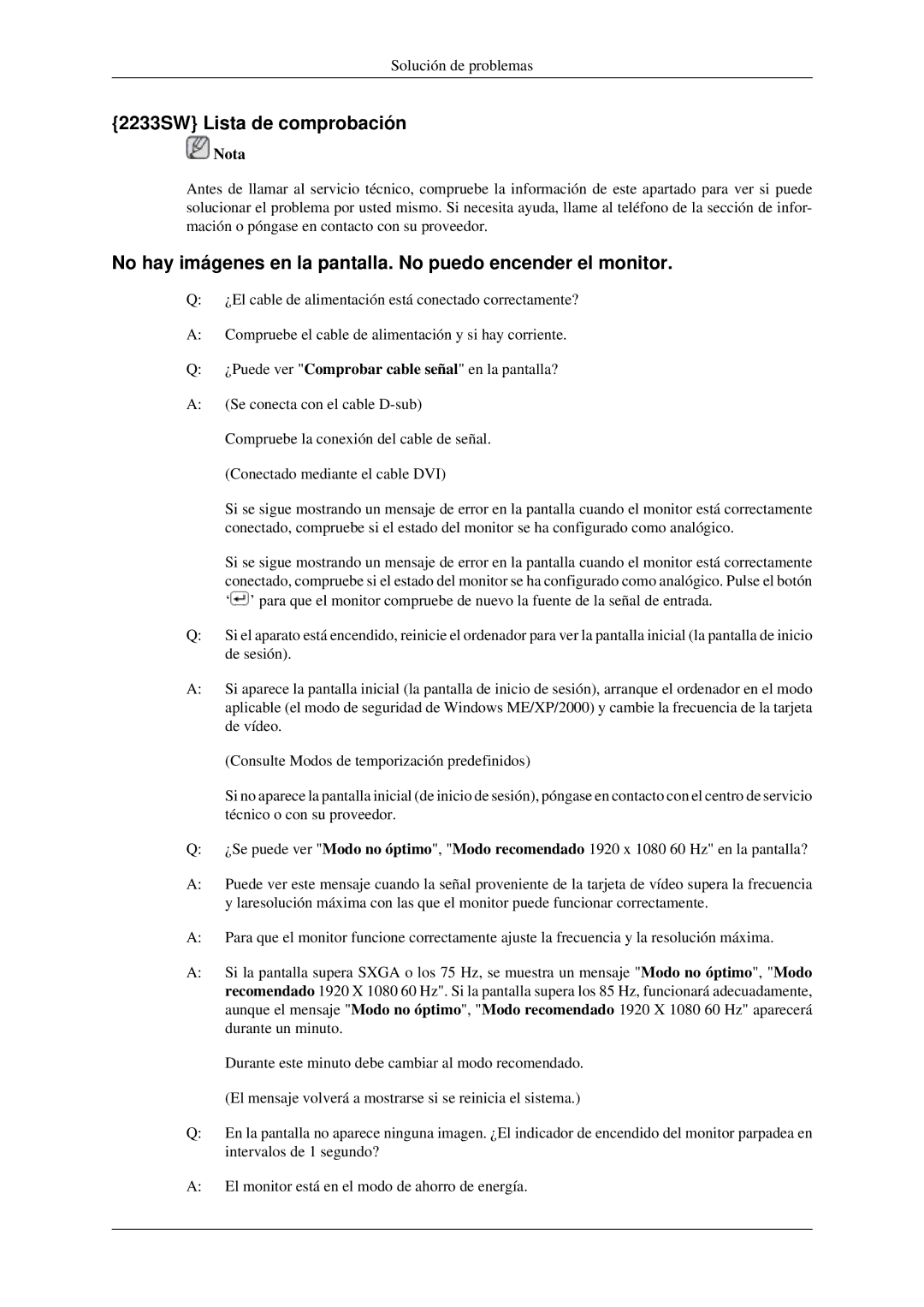 Samsung quick start 2233SW Lista de comprobación, No hay imágenes en la pantalla. No puedo encender el monitor 