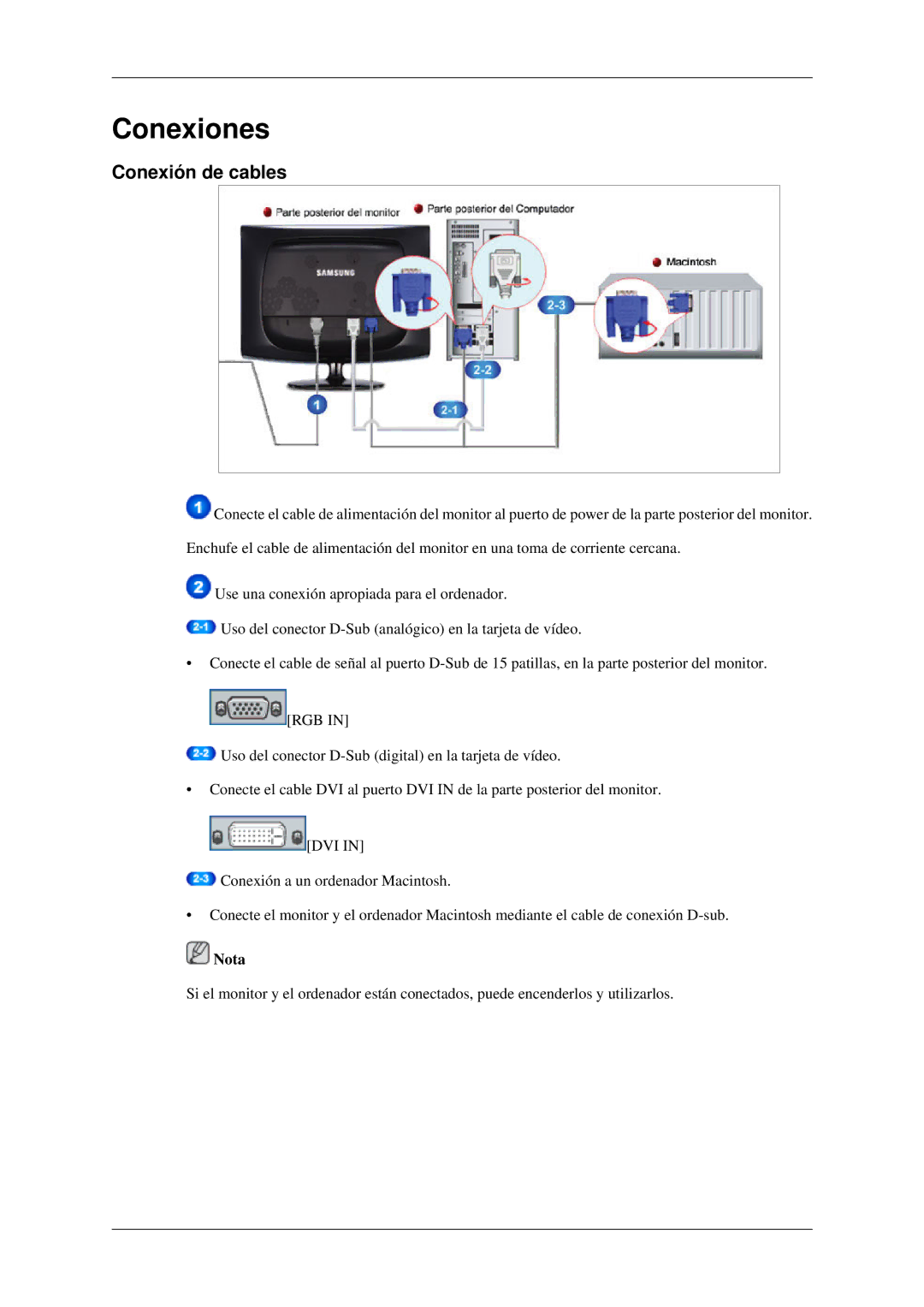 Samsung 2233SW quick start Conexiones, Conexión de cables 