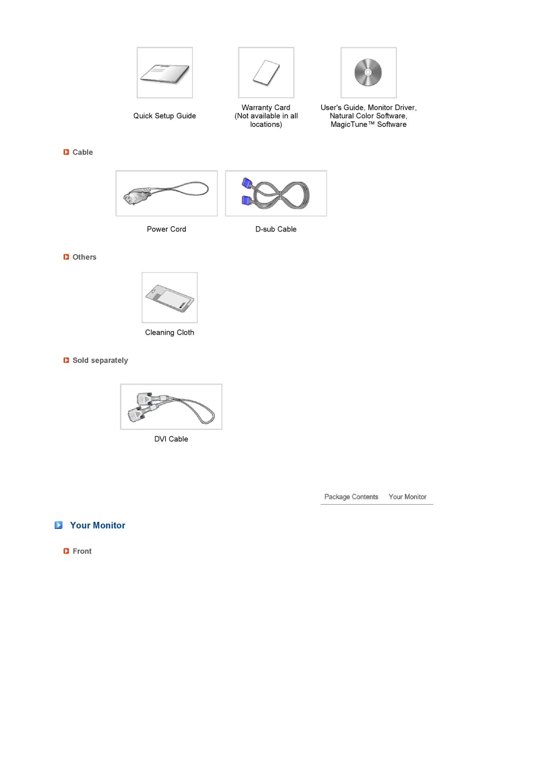 Samsung 223BW, 216BW manual Your Monitor, Cable, Others, Sold separately, Front 