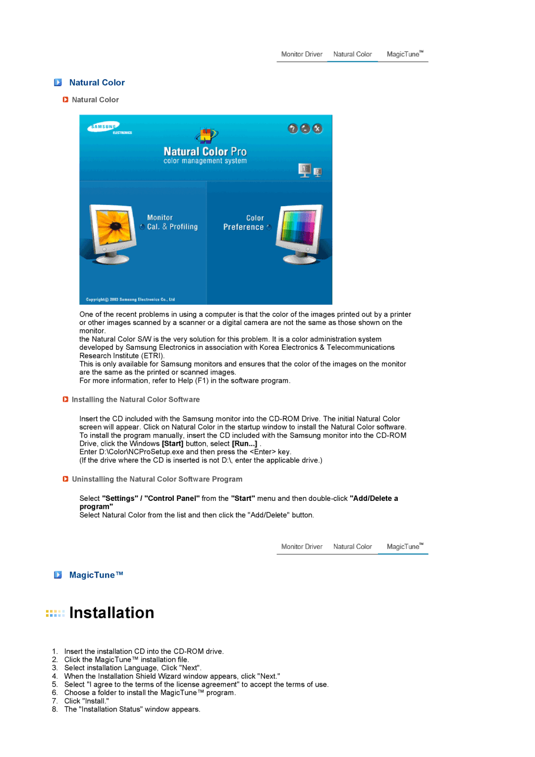 Samsung 216BW, 223BW MagicTune, Installing the Natural Color Software, Uninstalling the Natural Color Software Program 