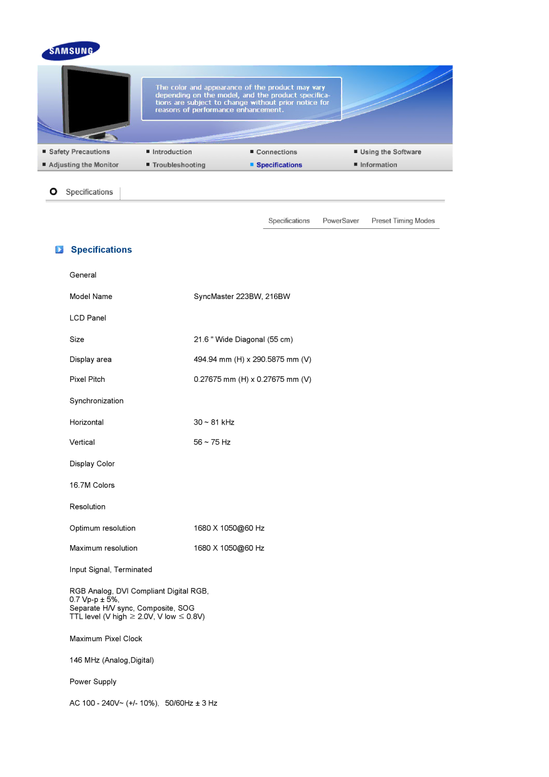 Samsung 223BW, 216BW manual Specifications 