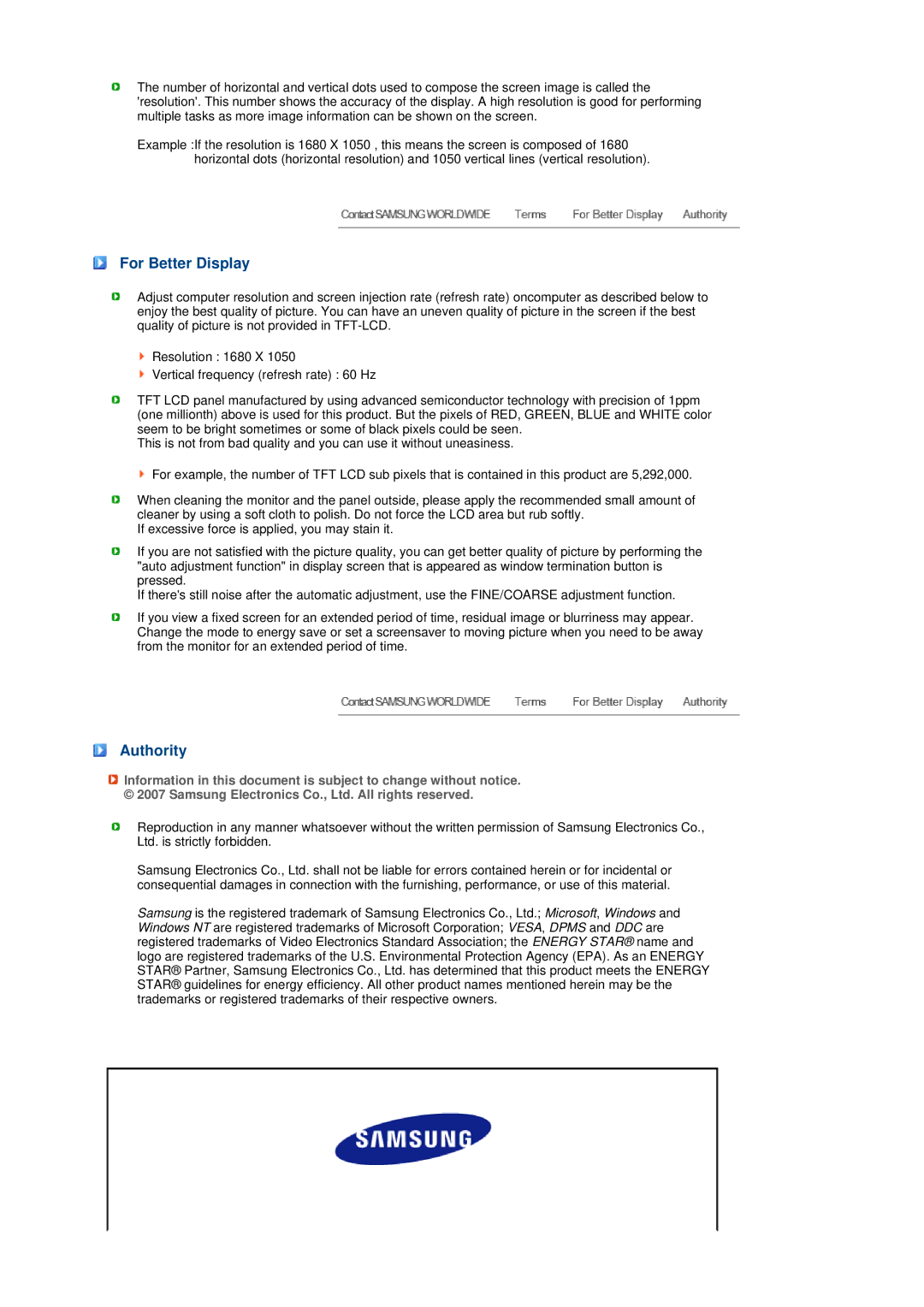 Samsung 216BW, 223BW manual For Better Display, Authority 