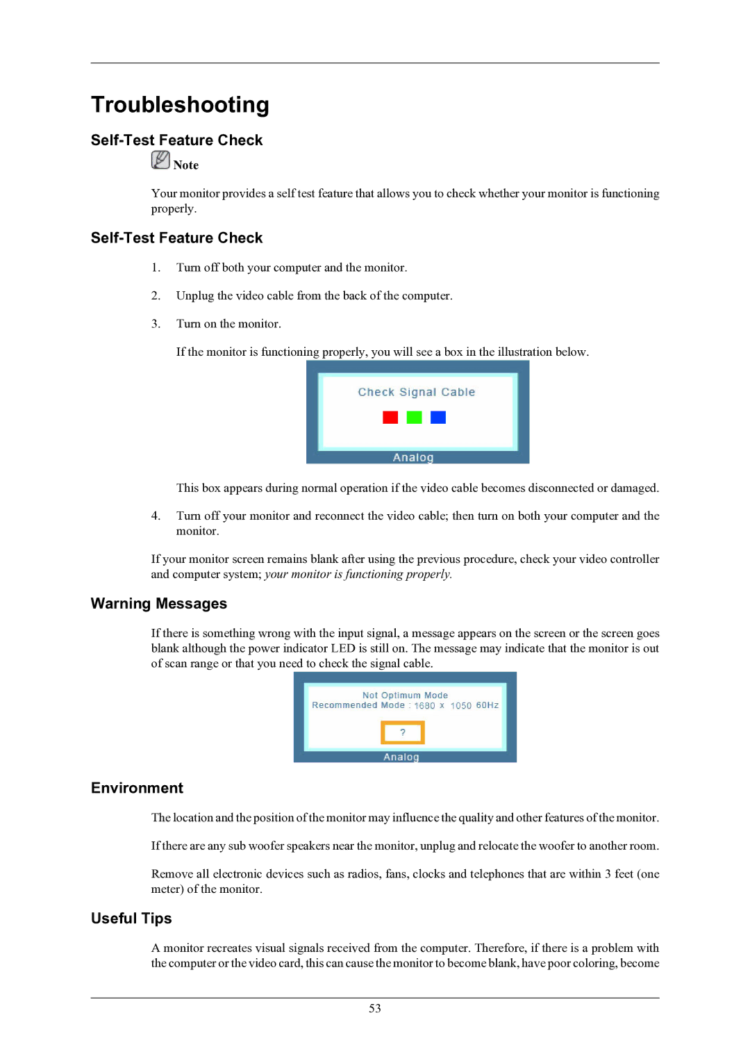 Samsung 2243BWX, 2043BWX quick start Self-Test Feature Check, Environment, Useful Tips 