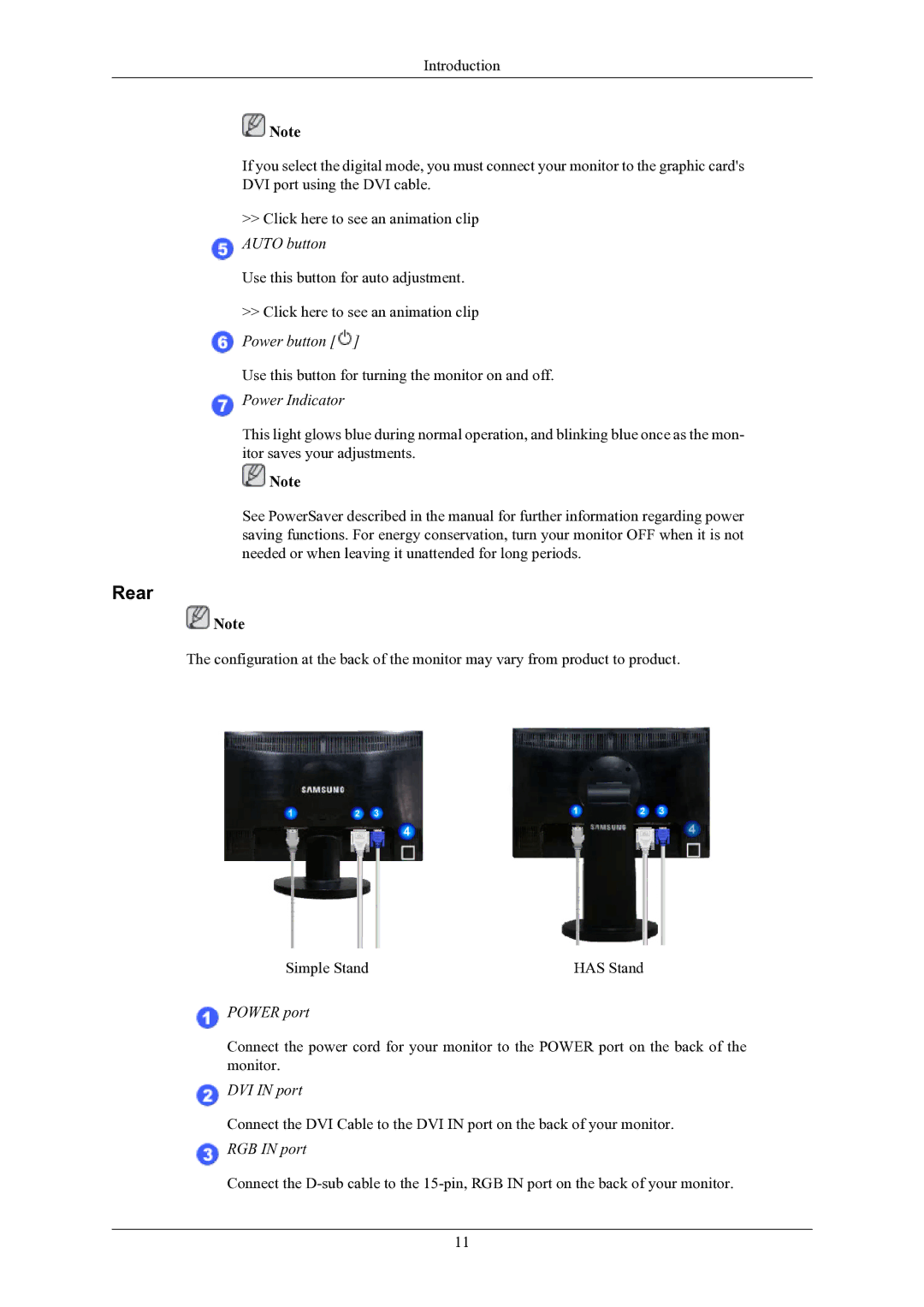 Samsung 2043BWX, 2243BWX quick start Rear, Power Indicator 