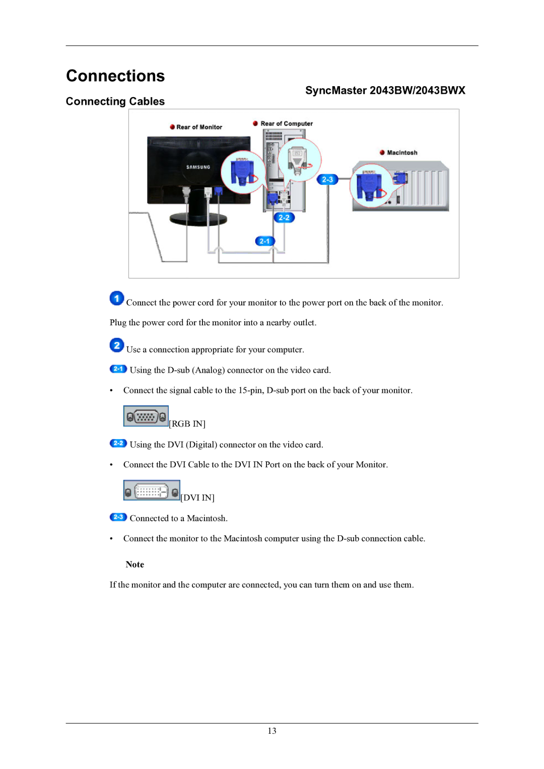 Samsung 2243BWX quick start Connections, SyncMaster 2043BW/2043BWX Connecting Cables 