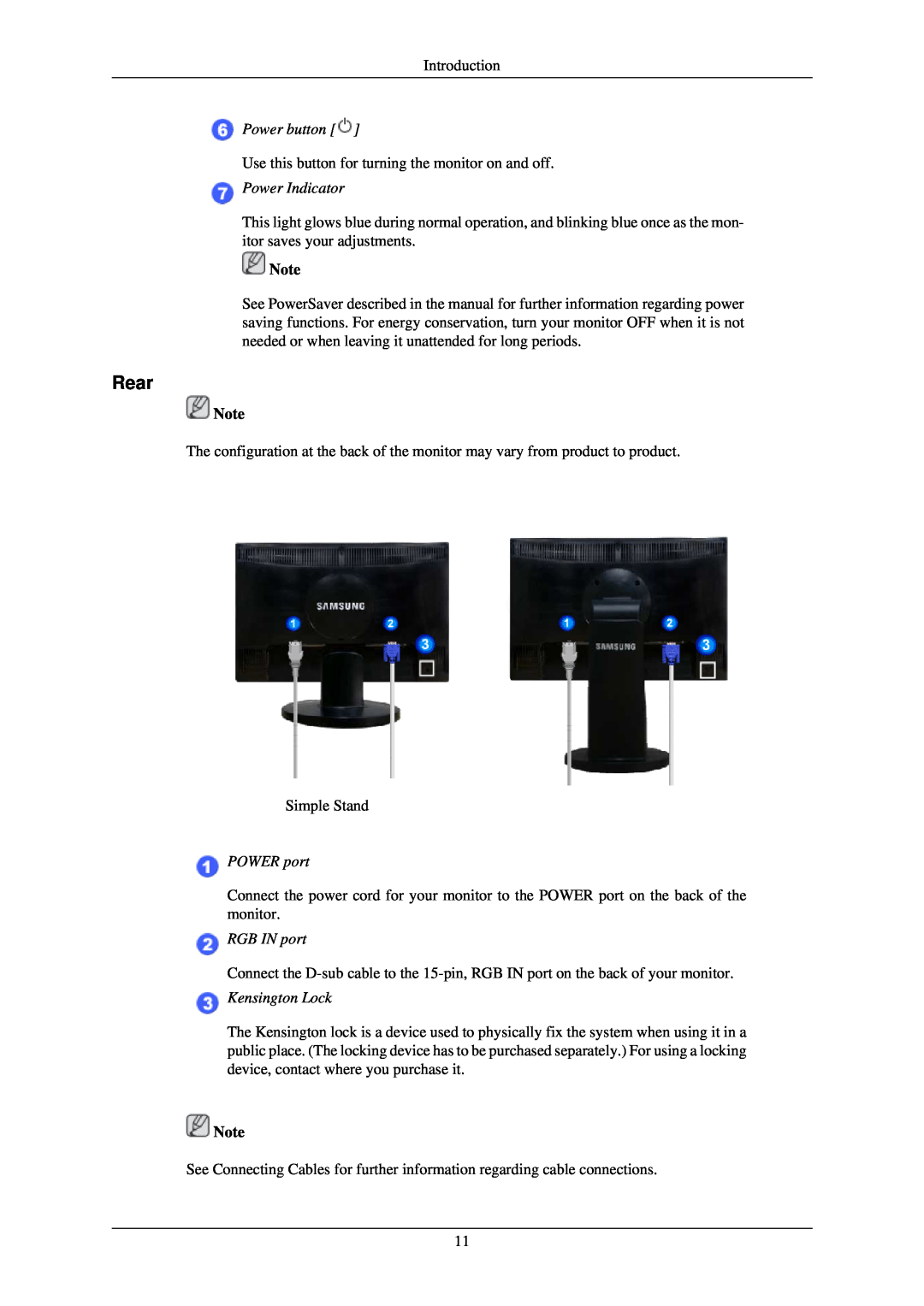 Samsung 2243NWX user manual Rear, Power button, Power Indicator, POWER port, RGB IN port, Kensington Lock 