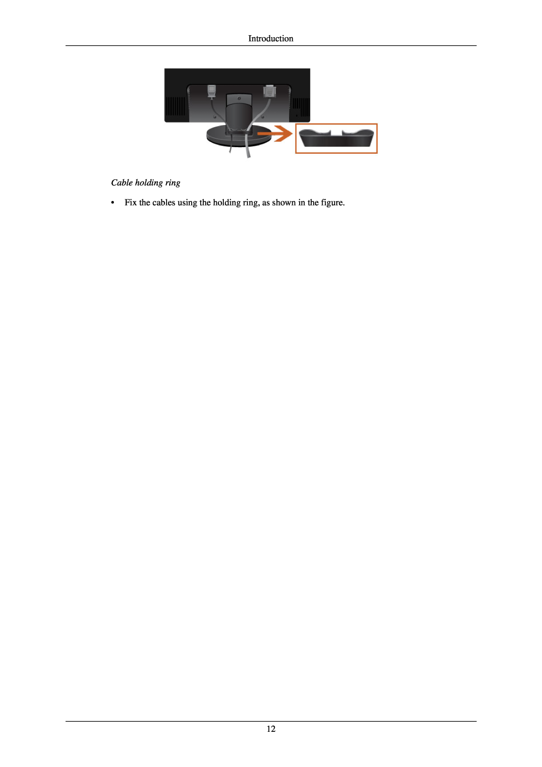 Samsung 2243NWX user manual Cable holding ring, Introduction, Fix the cables using the holding ring, as shown in the figure 