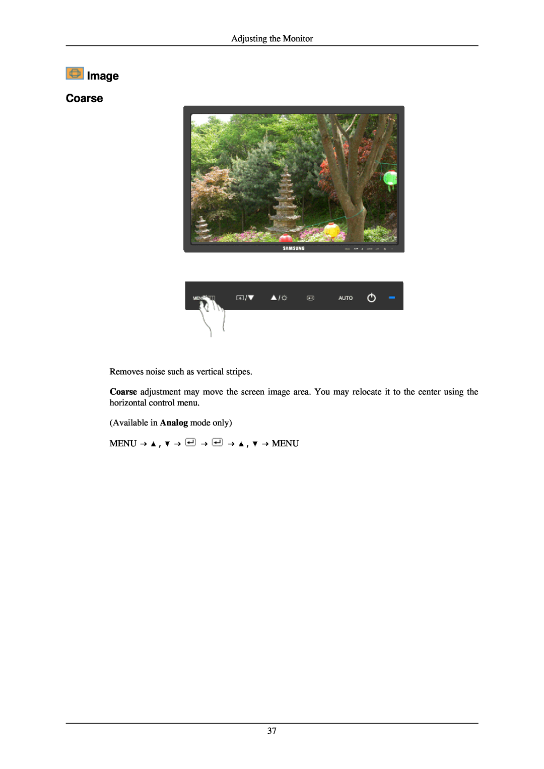 Samsung 2243NWX user manual Image Coarse, Menu → , → → → , → Menu 