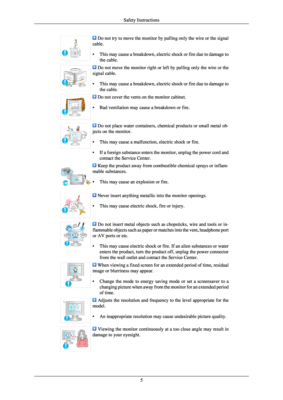 Samsung 2243NW Safety Instructions, Do not cover the vents on the monitor cabinet, This may cause an explosion or fire 